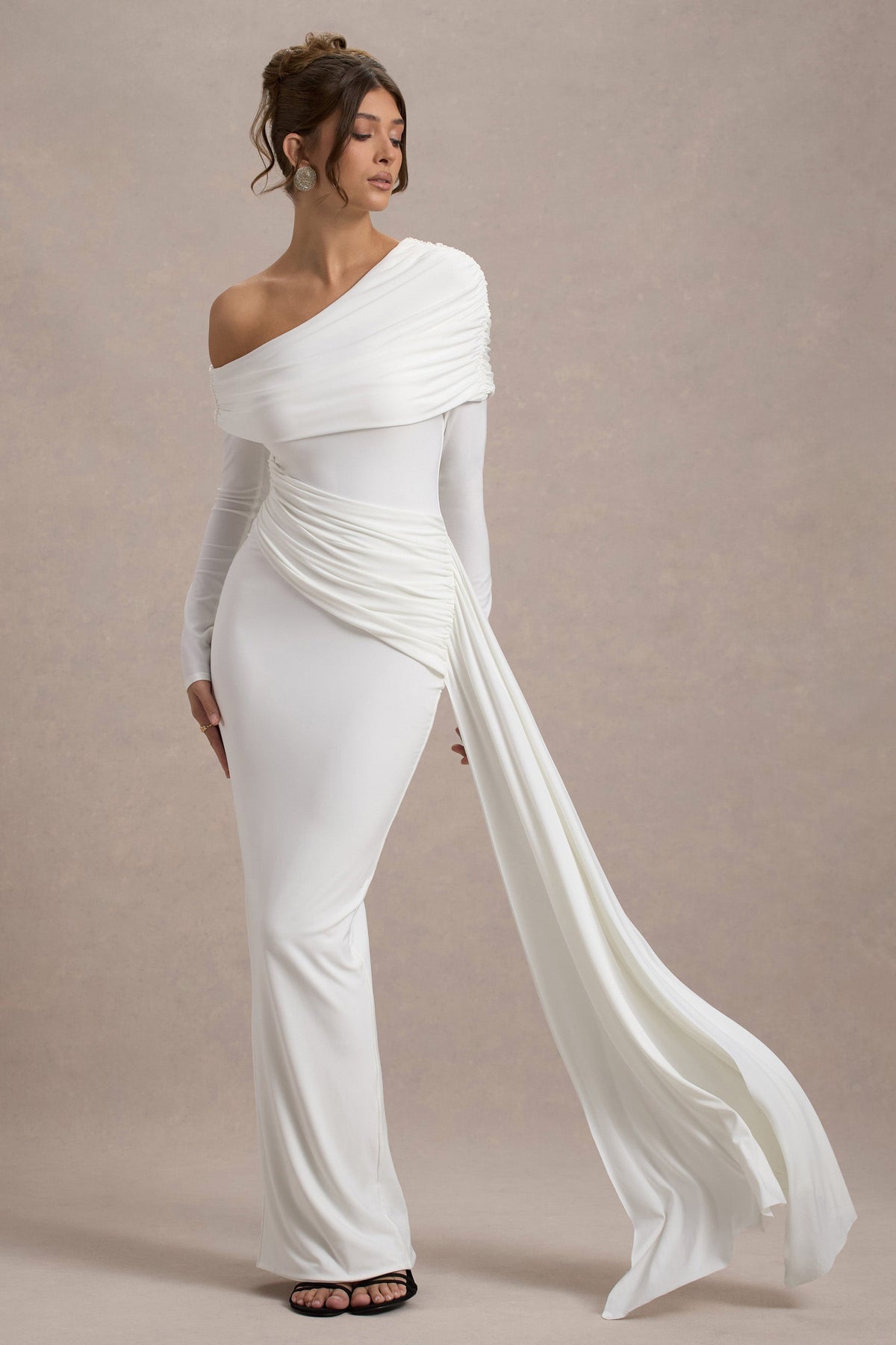 Valina White Ruched Asymmetric Maxi Dress With Drape Club L London - SA Valina White Ruched Asymmetric Maxi Dress With Drape Club L London - SA