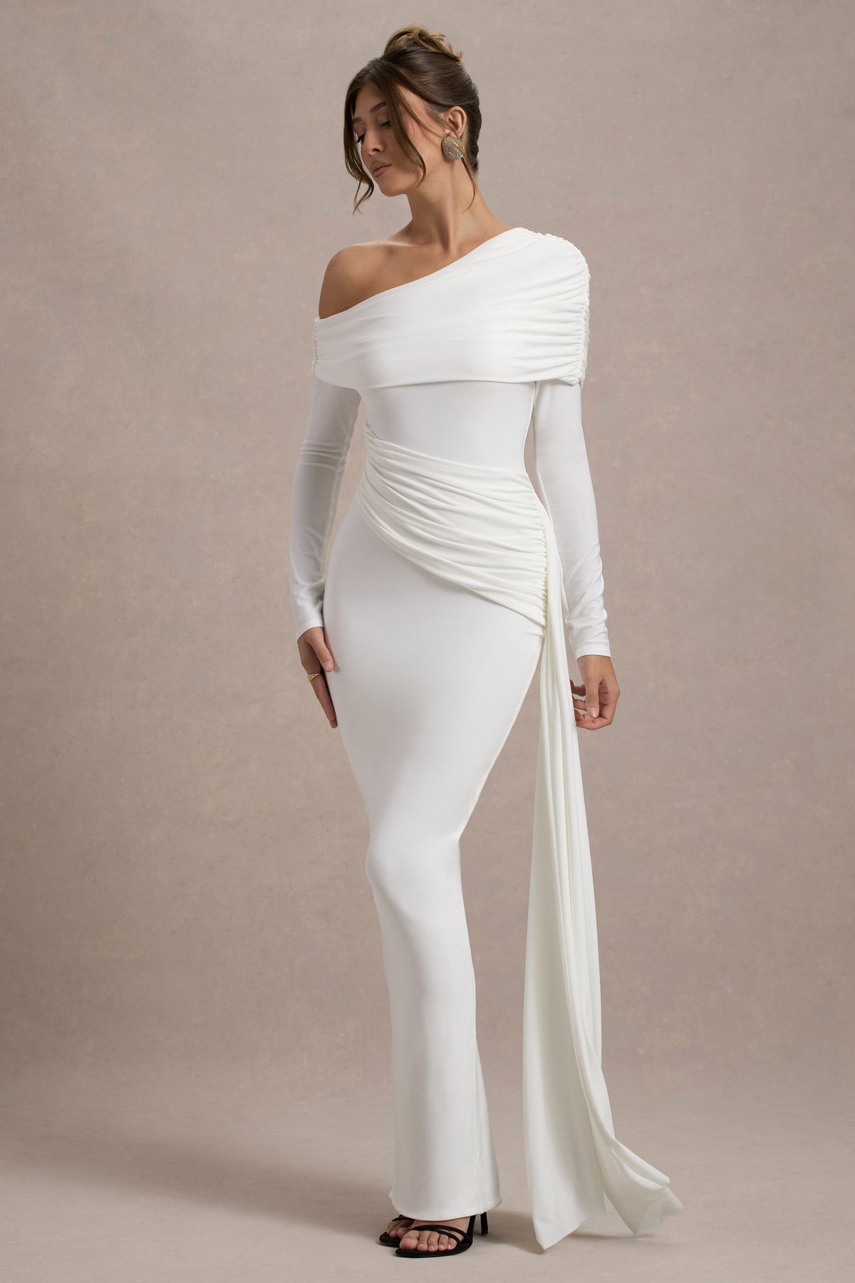 Valina | White Ruched Asymmetric Maxi Dress With Drape