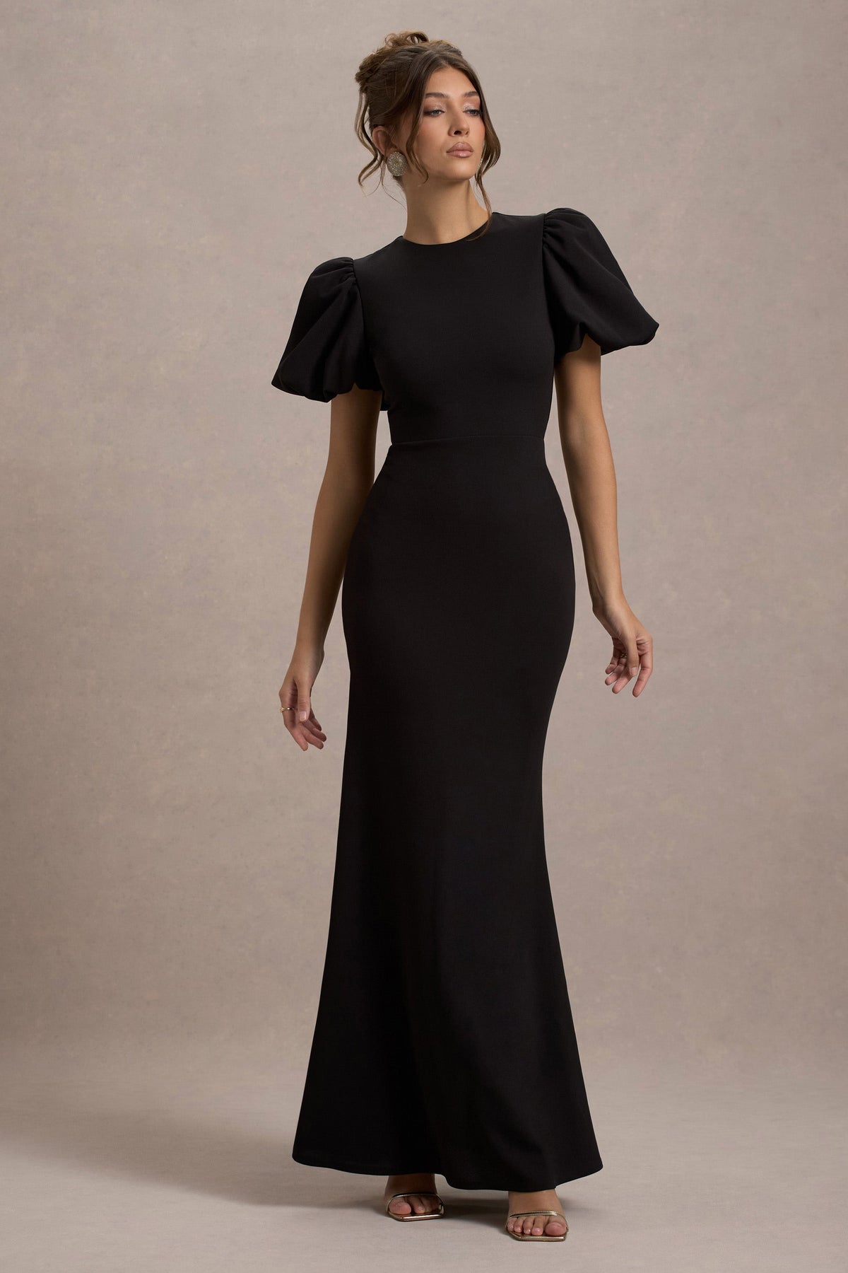 black evening dress with puff sleeves Black Midi Dress, Puff Sleeve Cocktail Dress, Elegant Tea Length Outfit for Fashion Evenings, City Parties, Stylish Celebrations