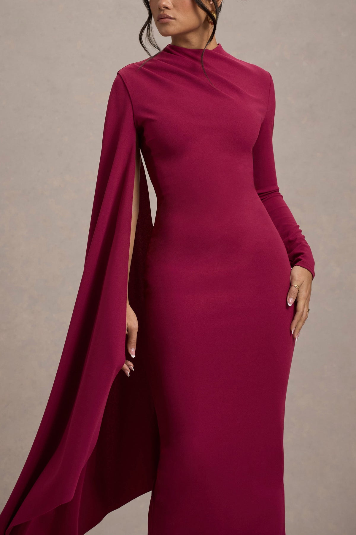 high neck long sleeve maxi dress Aldona Mulberry High-Neck Long-Sleeve Maxi Dress With Cape Sleeve – Club L London