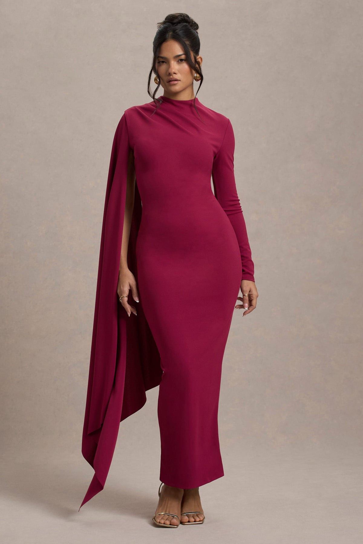 Aldona Mulberry High-Neck Long-Sleeve Maxi Dress With Cape Sleeve Club L London - SA Aldona Mulberry High-Neck Long-Sleeve Maxi Dress With Cape Sleeve Club L London - SA