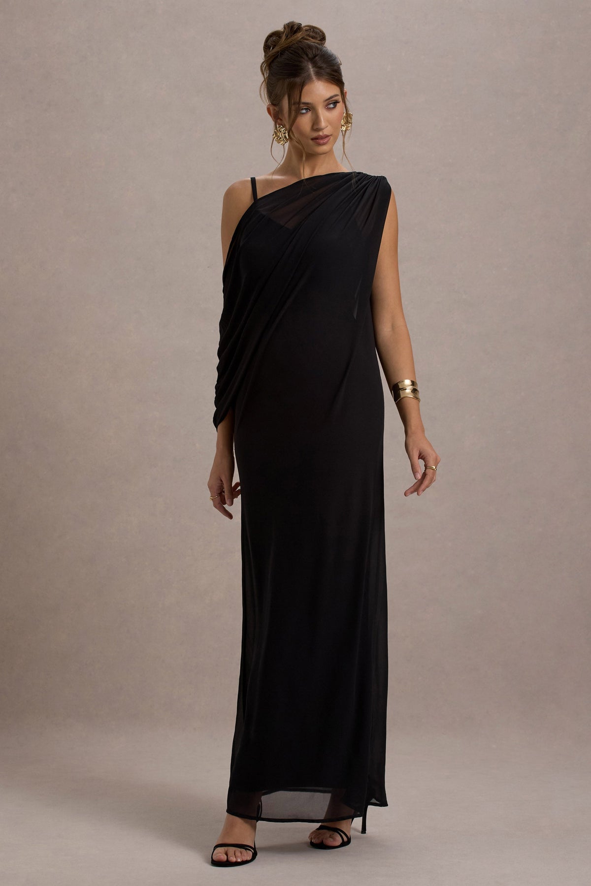 Aeliana | Black Strappy V-Neck Maxi Dress With Chiffon Sash