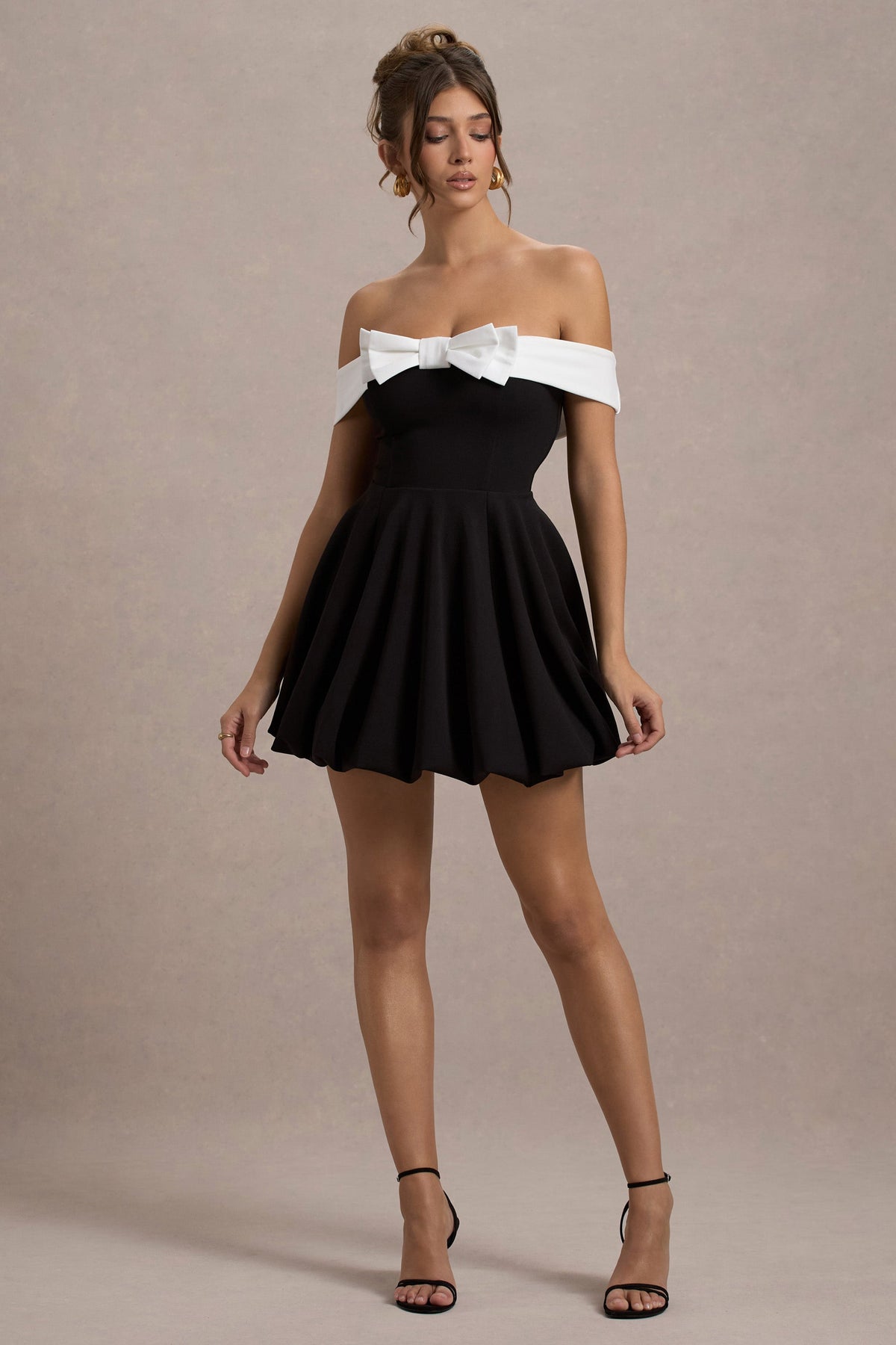 Minimoiselle | Black & White Bow Bardot Mini Dress With Puff-Ball Skirt