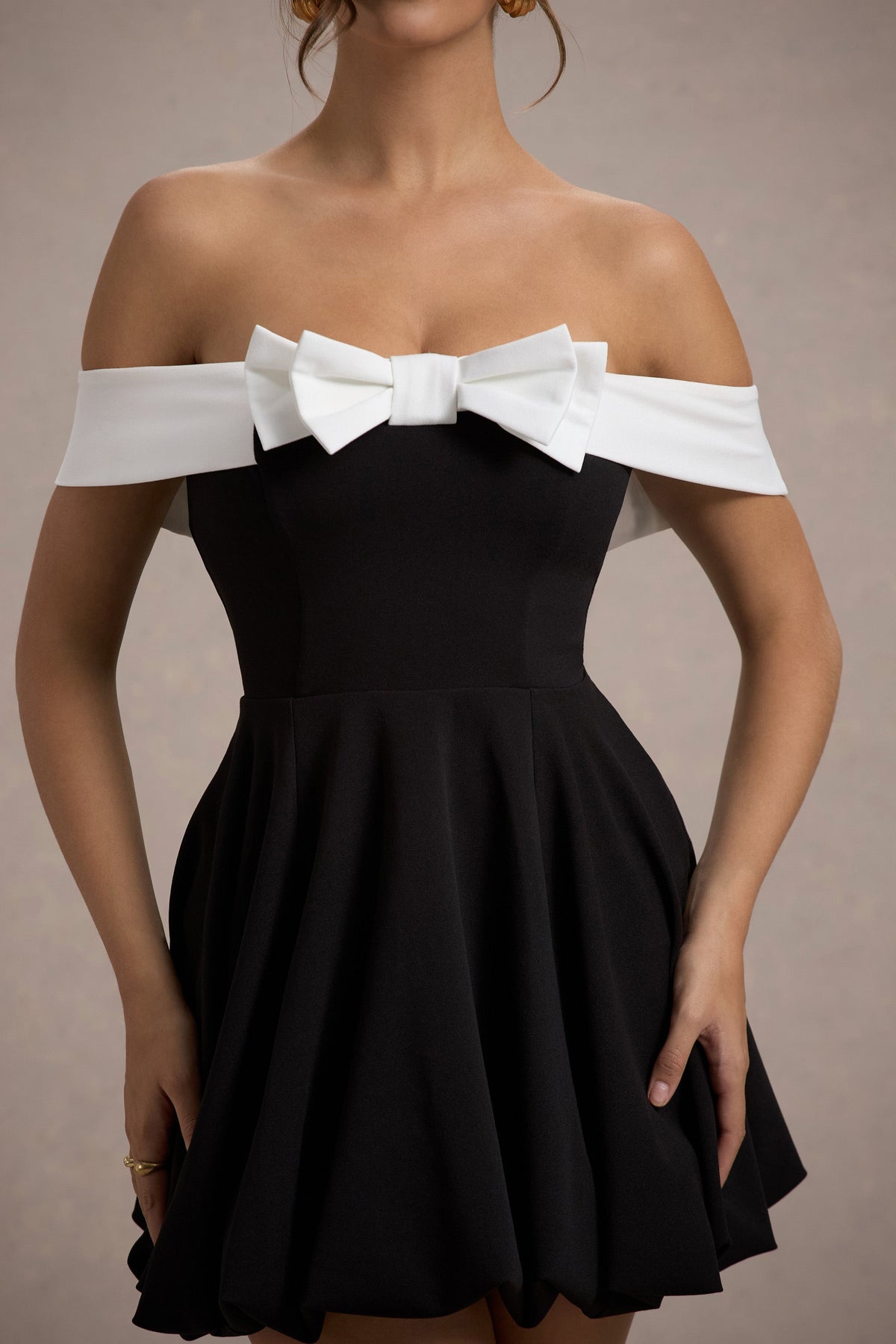 Minimoiselle | Black & White Bow Bardot Mini Dress With Puff-Ball Skirt