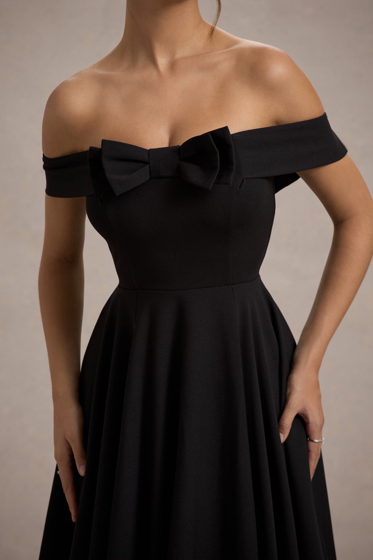 Calliopia | Black Bow Bardot Midi Dress With Puff-Ball Skirt