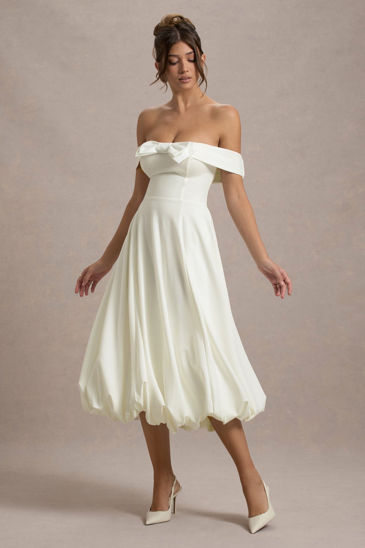 Calliopia | Cream Bow Bardot Midi Dress With Puff-Ball Skirt