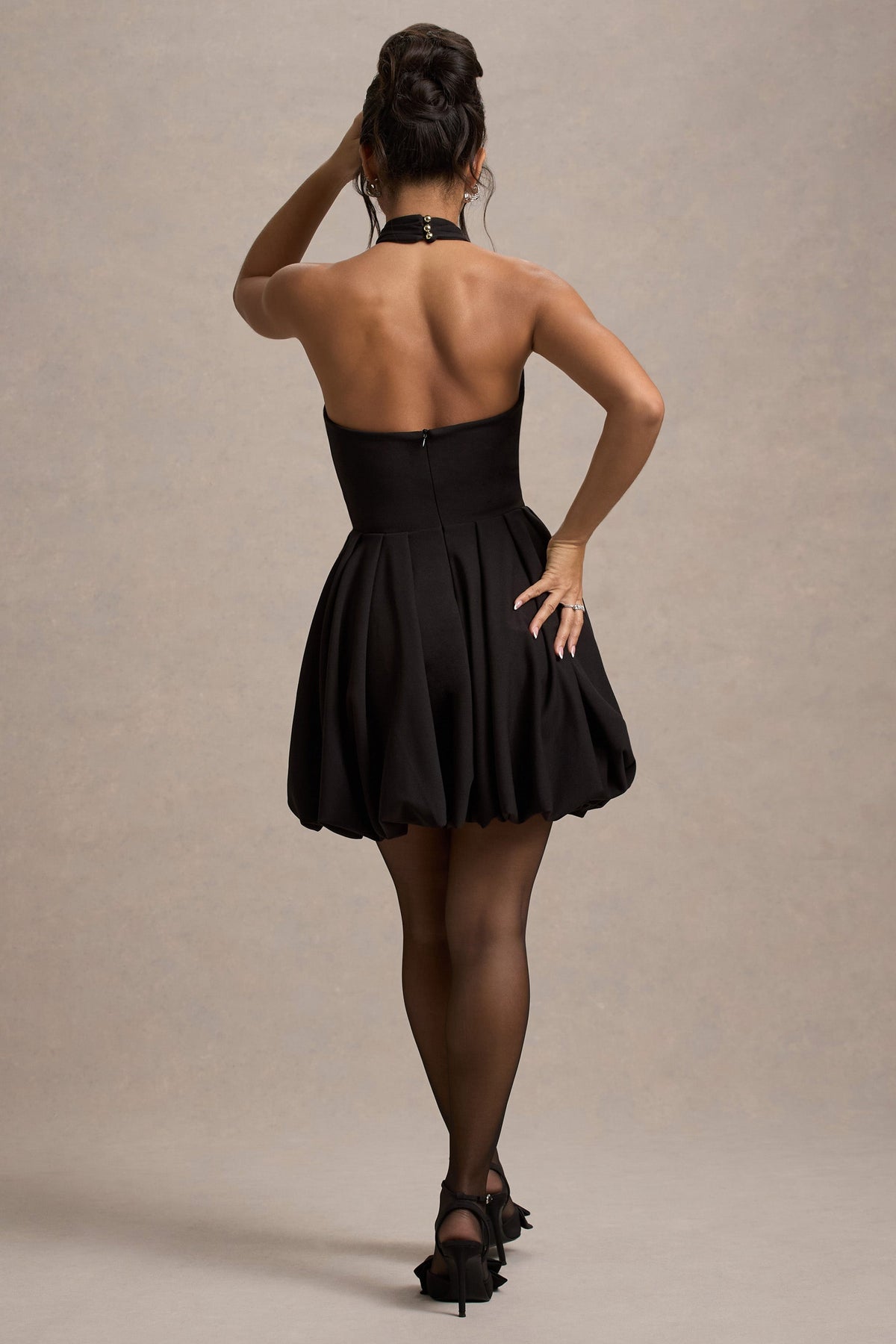 Klytie | Black Halter-Neck Mini Dress With Puff-Ball Skirt