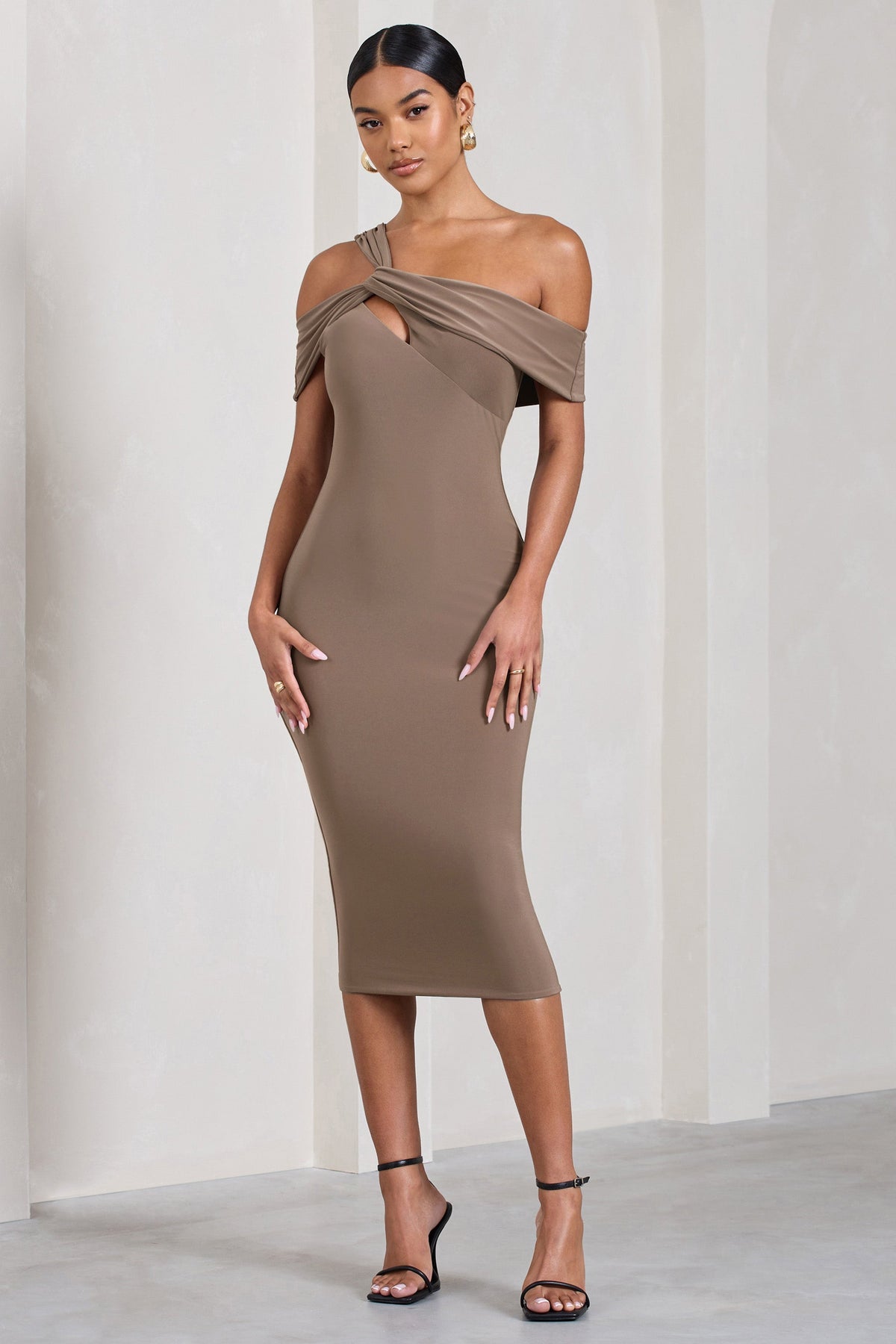 Chain Reaction | Mocha Strappy Asymmetric Bodycon Midi Dress