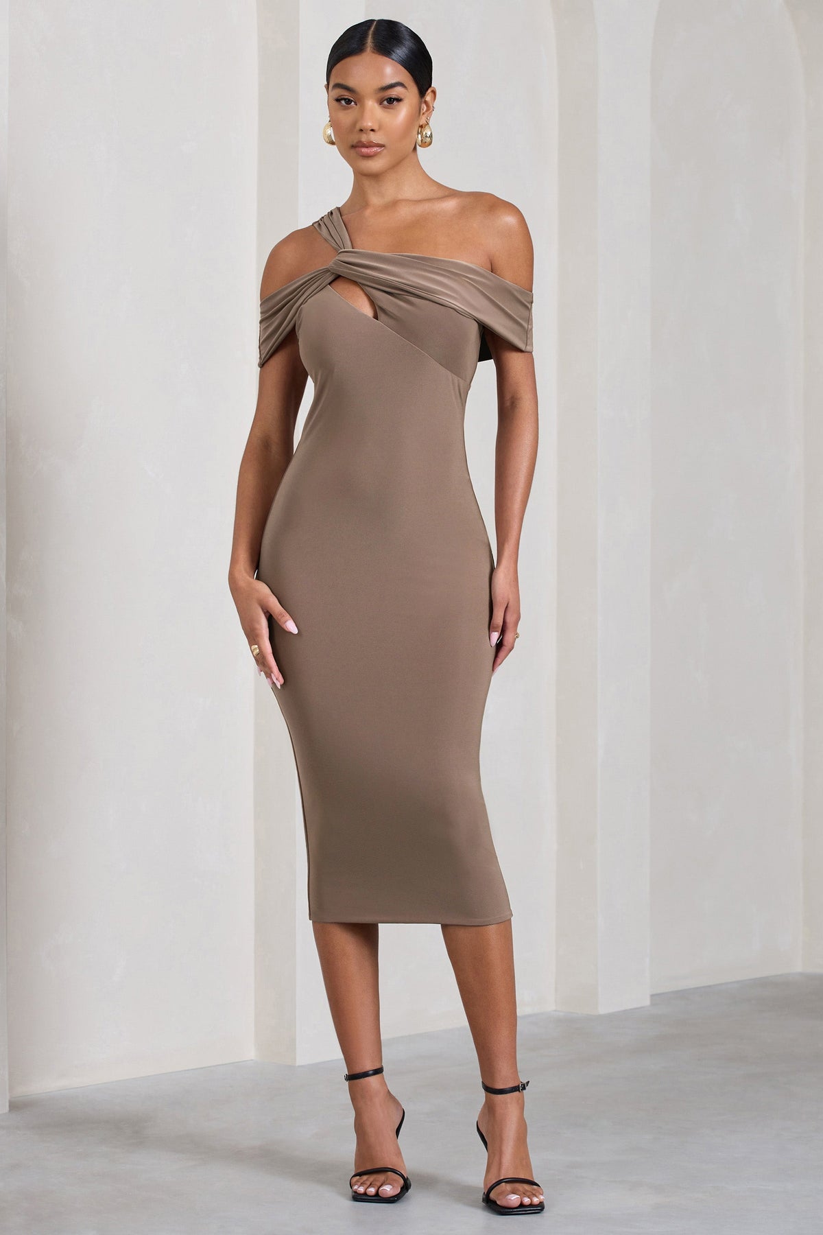 Chain Reaction | Mocha Strappy Asymmetric Bodycon Midi Dress