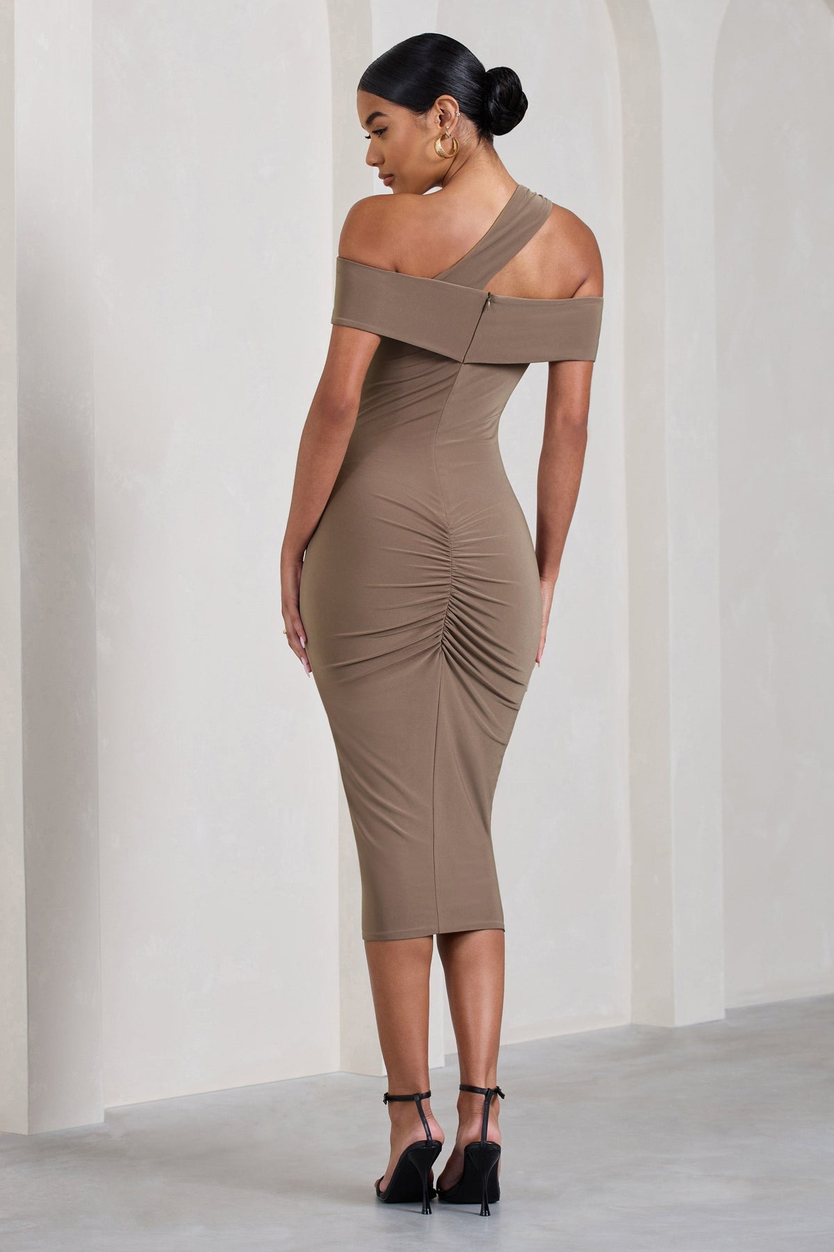 Chain Reaction | Mocha Strappy Asymmetric Bodycon Midi Dress