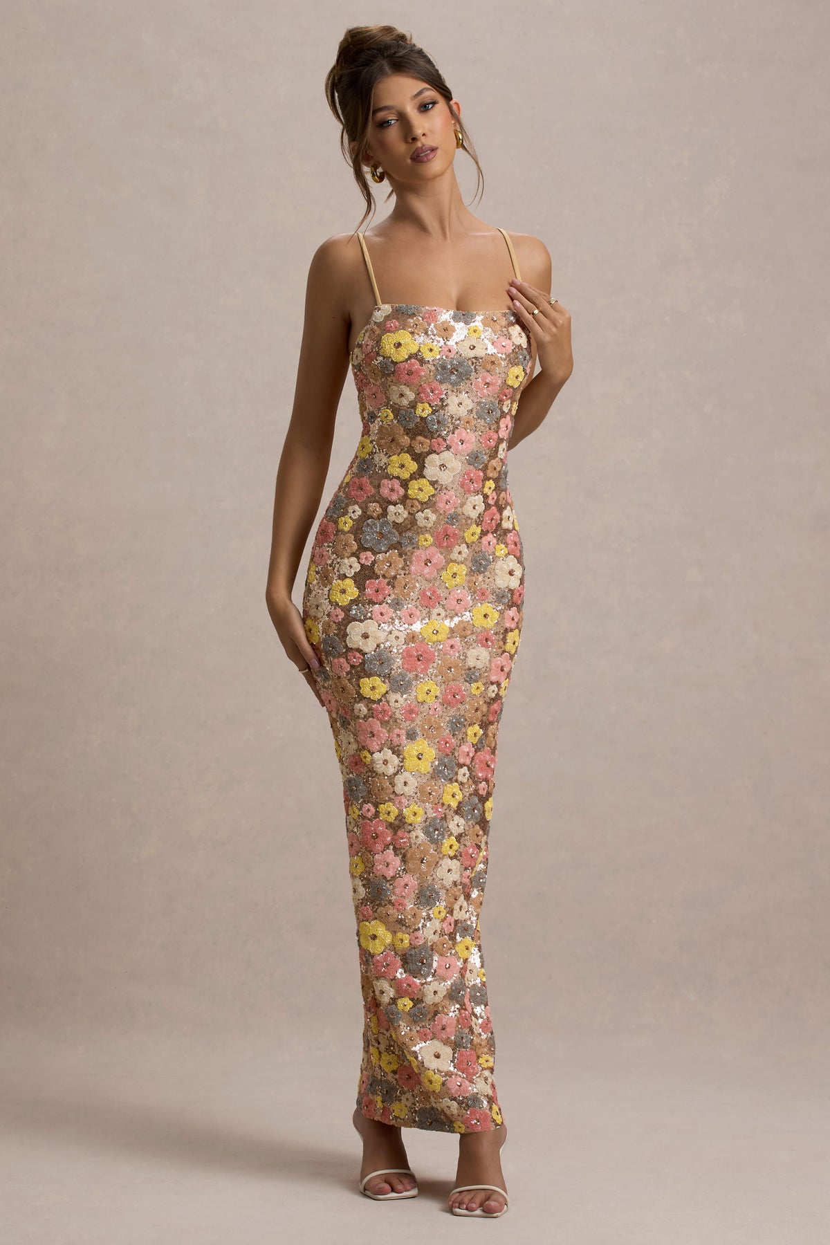 club l sequin maxi dress Vitora Pastel Floral Print Sequin Square-Neck Maxi Dress Club L London