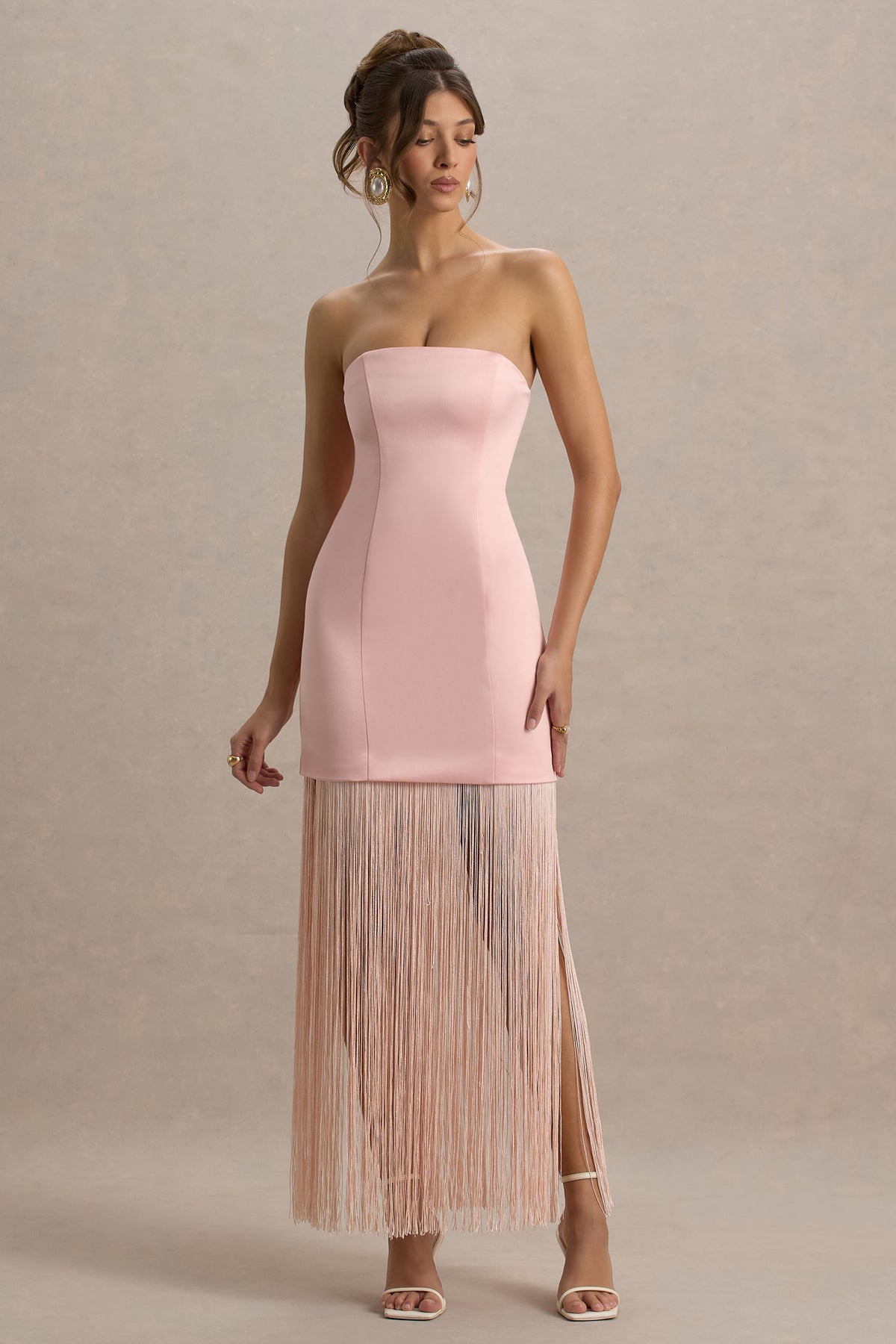 pink satin bandeau dress MissPap Women's Satin Bandeau Bow Drape Mini Dress in Pink