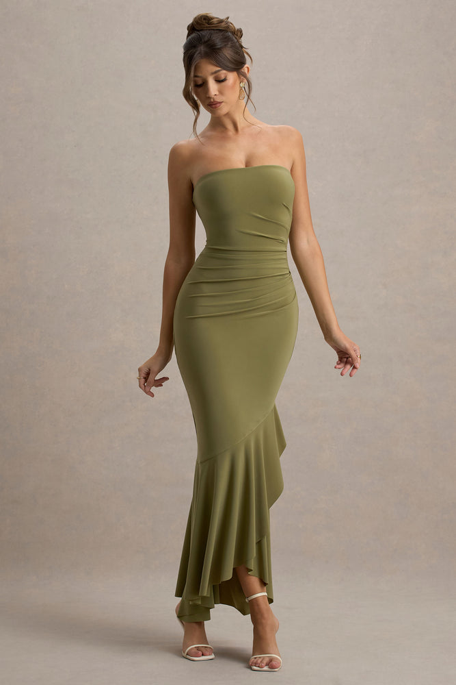 Capria Olive Green Bandeau Wrap Maxi Dress – Club L London