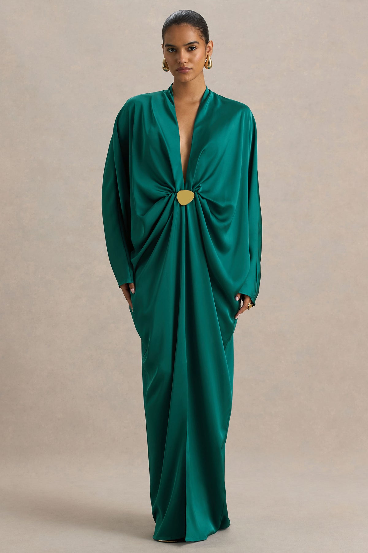 Tina Dark Green Satin Plunge-Neck Embellished Maxi Dress Club L London - SA Tina Dark Green Satin Plunge-Neck Embellished Maxi Dress Club L London - SA