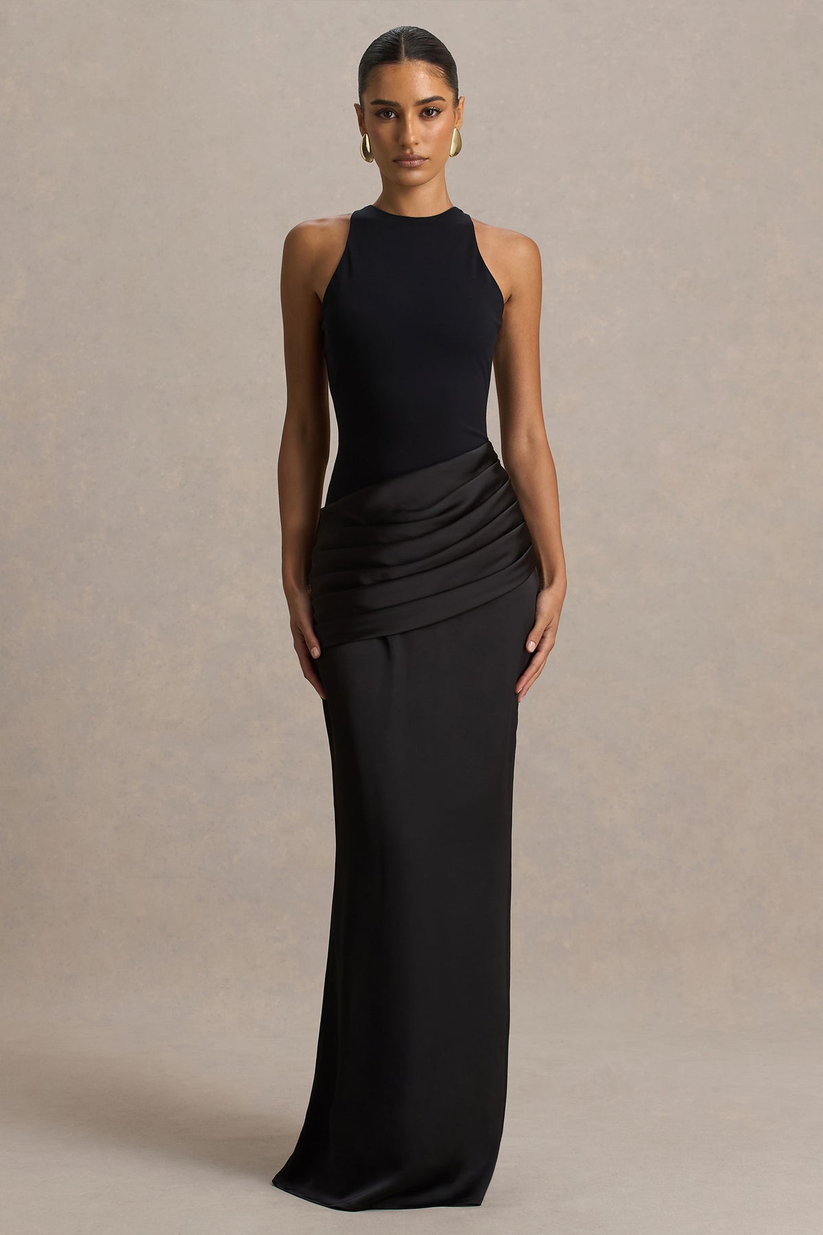 black satin high neck maxi dress MAREN SATIN HALTER MAXI Dress | Tie-Neck Wedding Guest Dress