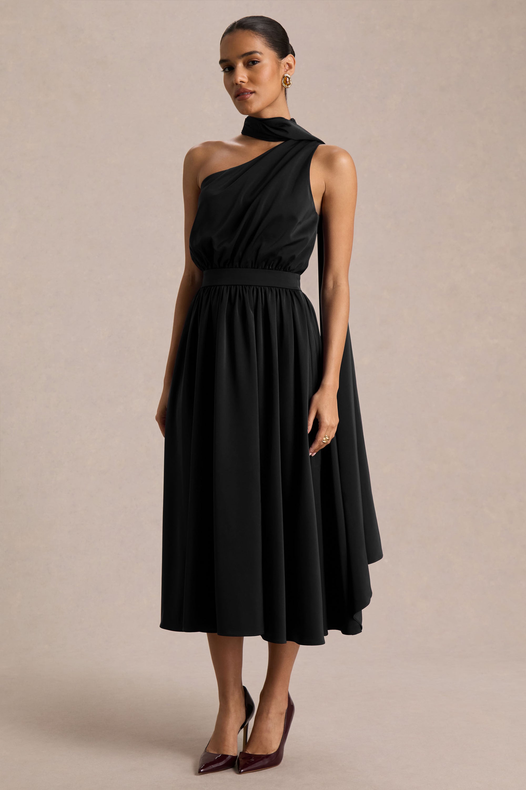 Caluna | Black Satin Asymmetric-Neck Midi Dress With Scarf-Detail – Club L London