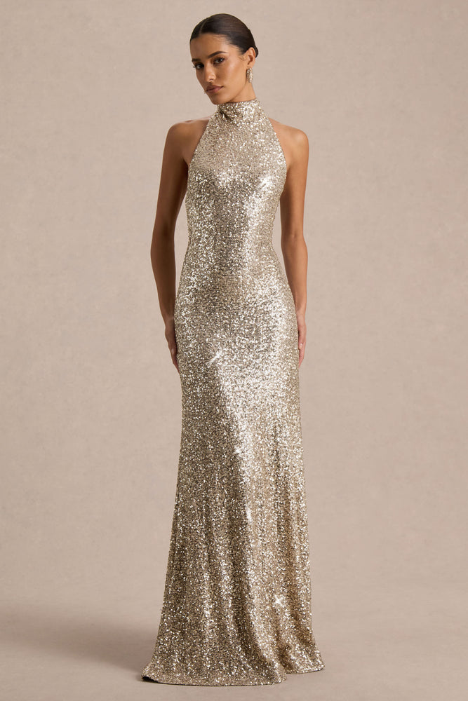 Tulia Gold Sequin High-Neck Maxi Dress Club L London - SA Tulia Gold Sequin High-Neck Maxi Dress Club L London - SA