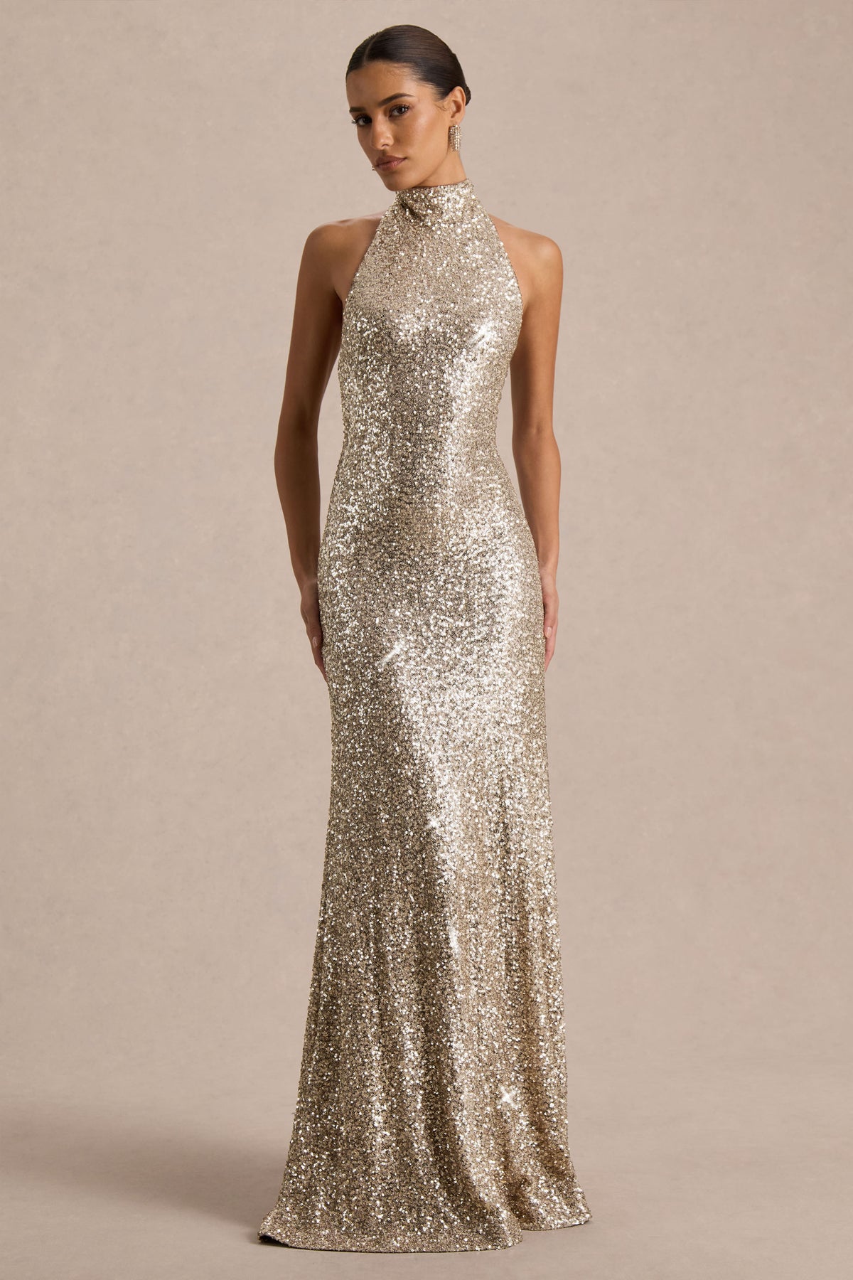 Tulia Gold Sequin High-Neck Maxi Dress Club L London - SA Tulia Gold Sequin High-Neck Maxi Dress Club L London - SA