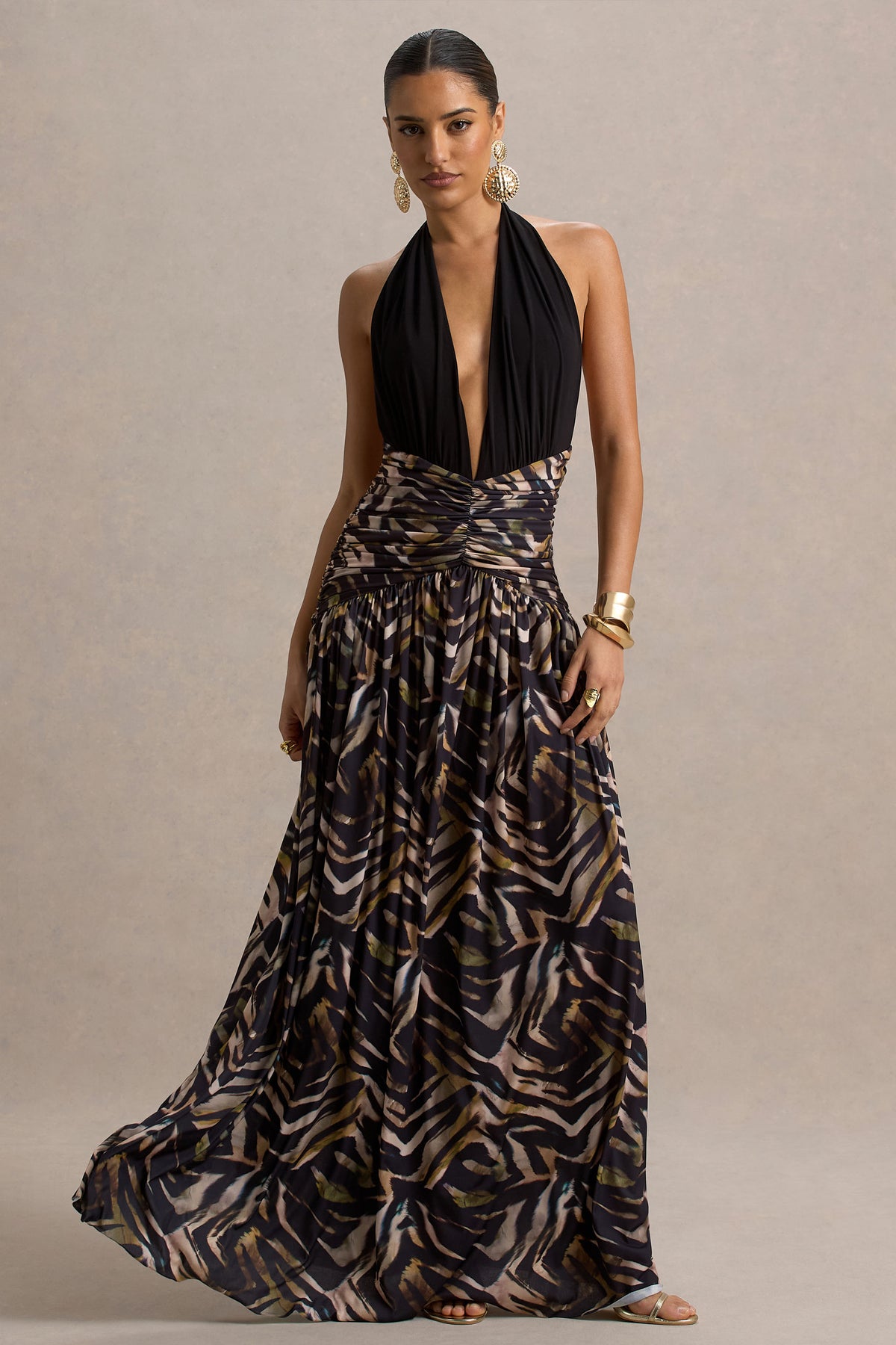 Ferreira Zebra Print Plunge-Neck Maxi Dress – Club L London