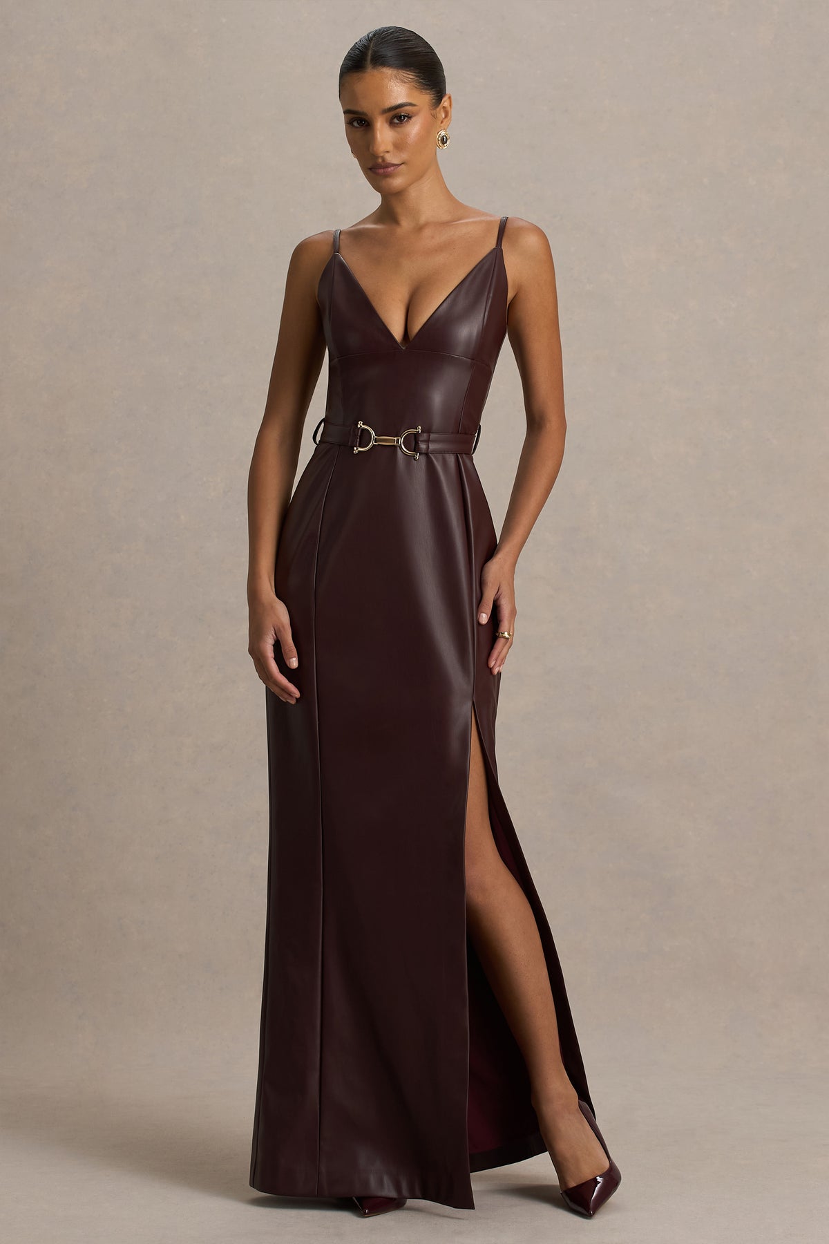 burgundy mini long sleeve dress Lila Burgundy Faux Leather Plunge-Neck Maxi Dress With Split – Club L  London