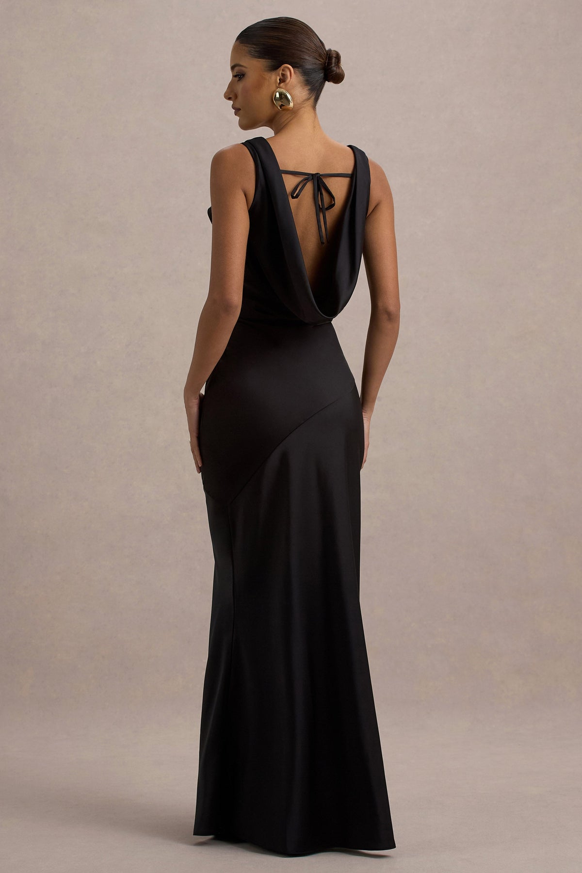 black satin cowl back dress asos TFNC Plus long sleeve satin cowl back maxi dress in black
