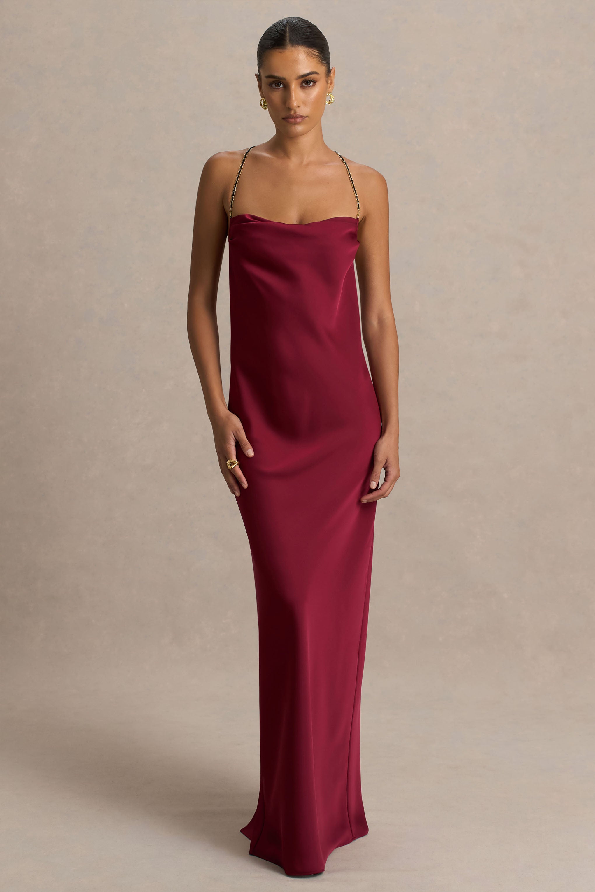 Cher | Burgundy Satin Square-Neck Maxi Dress With Embellished