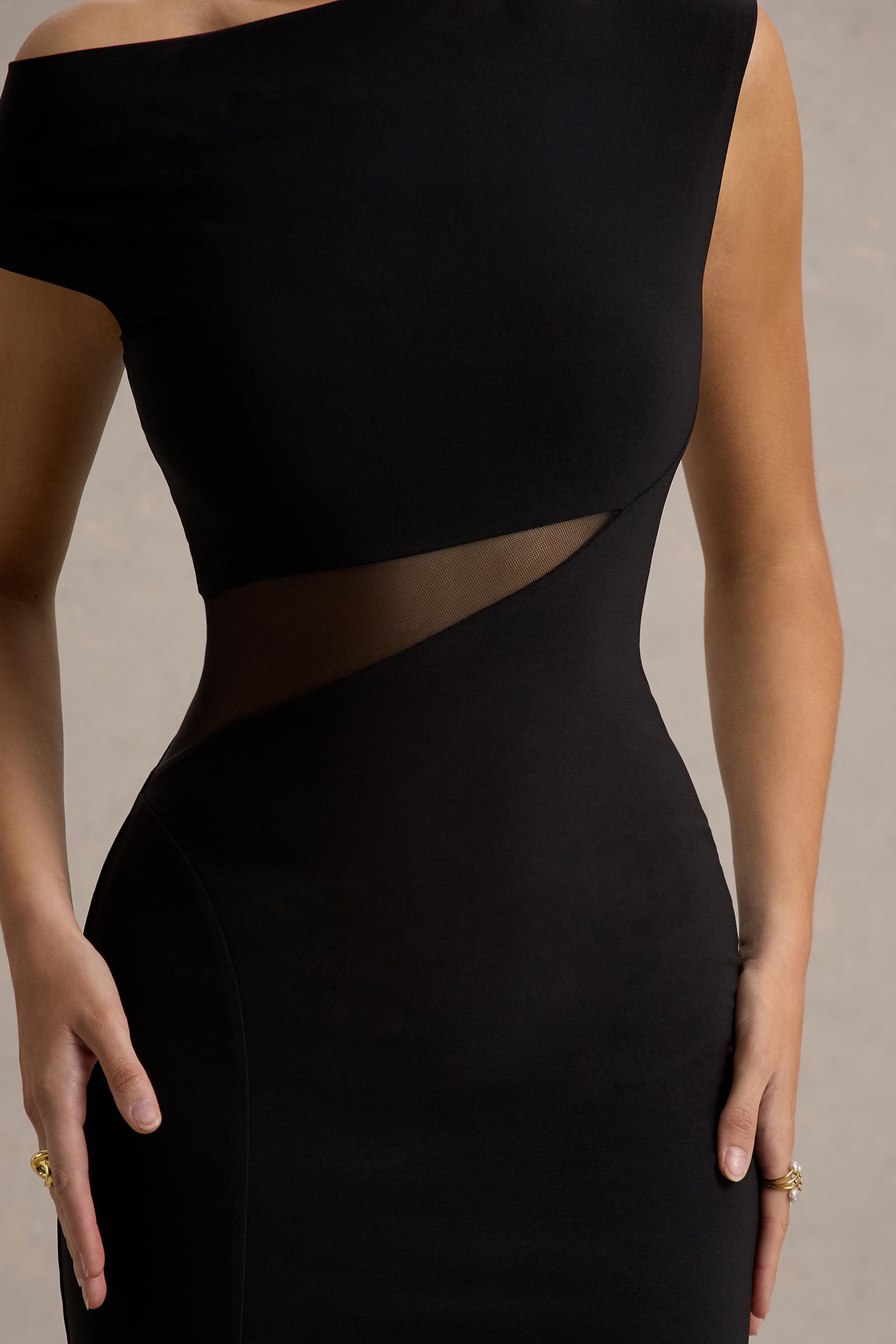 【新品】andmary Emily slit dress black F Emily | Black Asymmetric Split Maxi Dress With Mesh Detailing