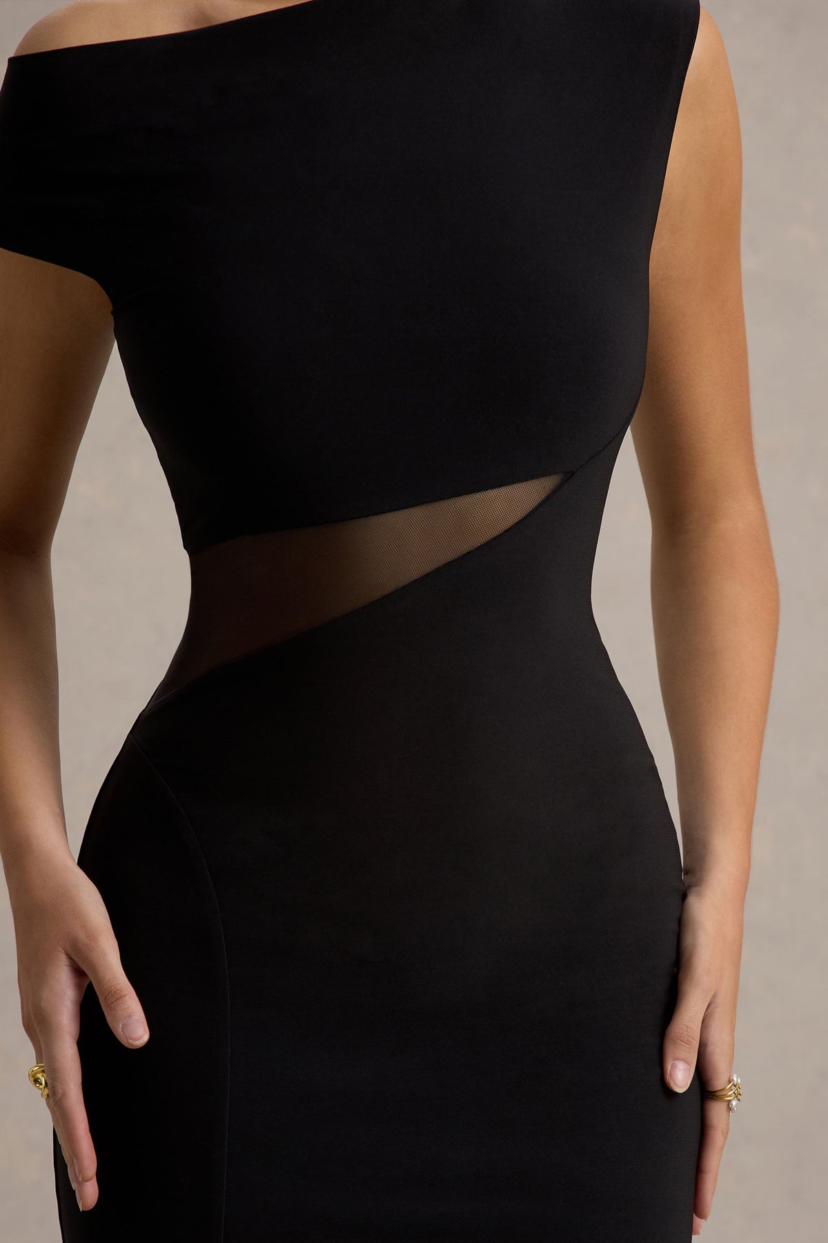 Emily Black Asymmetric Split Maxi Dress With Mesh Detailing Club L London - SA Emily Black Asymmetric Split Maxi Dress With Mesh Detailing Club L London - SA