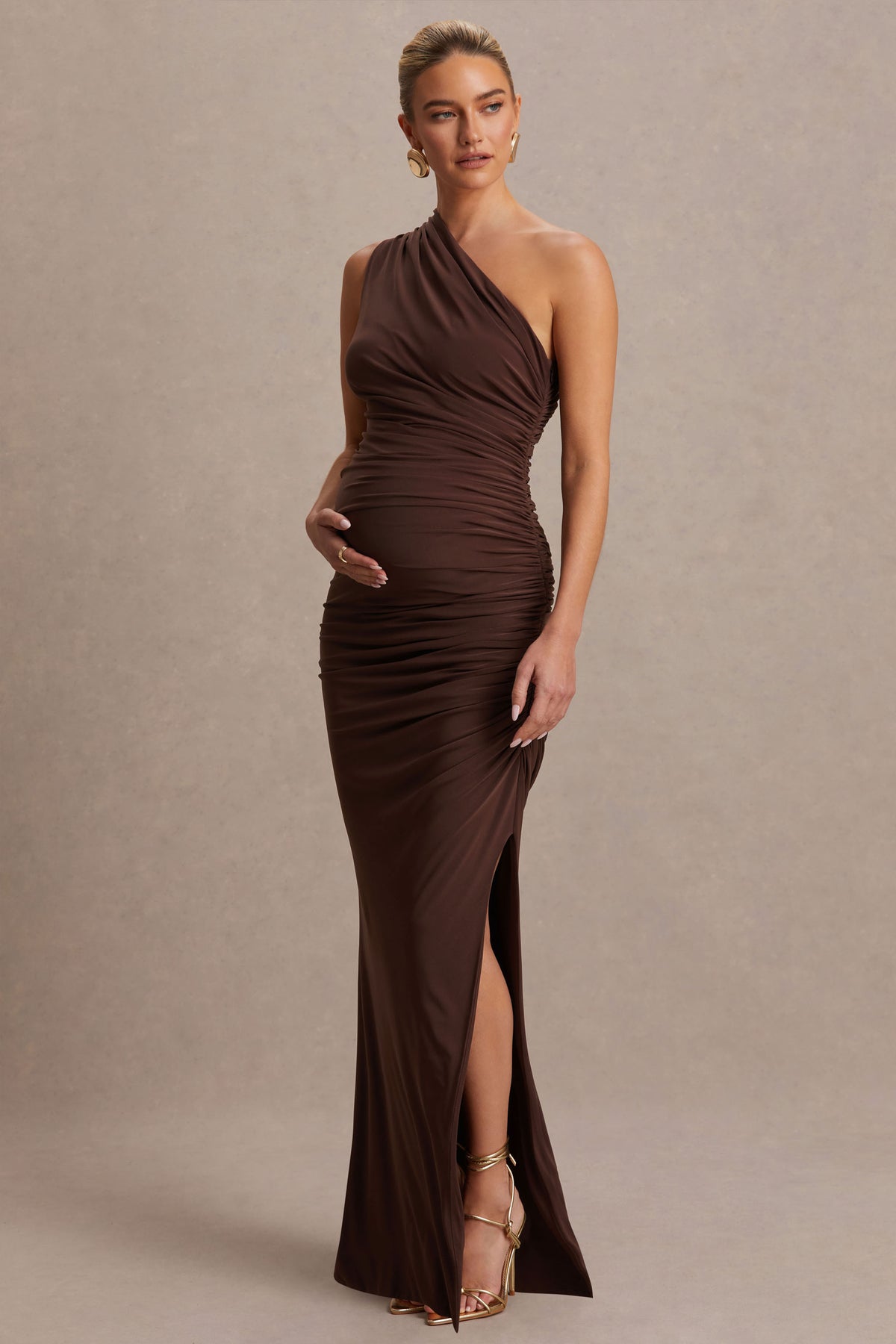 Darcie Brown Asymmetric-Neck Maternity Maxi Dress – Club L London