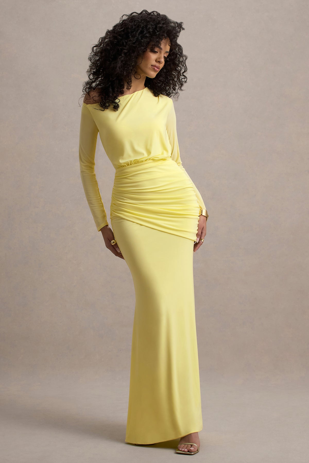 club l ruched dress Valina Pink Ruched Asymmetric Maxi Dress With Drape Club L London