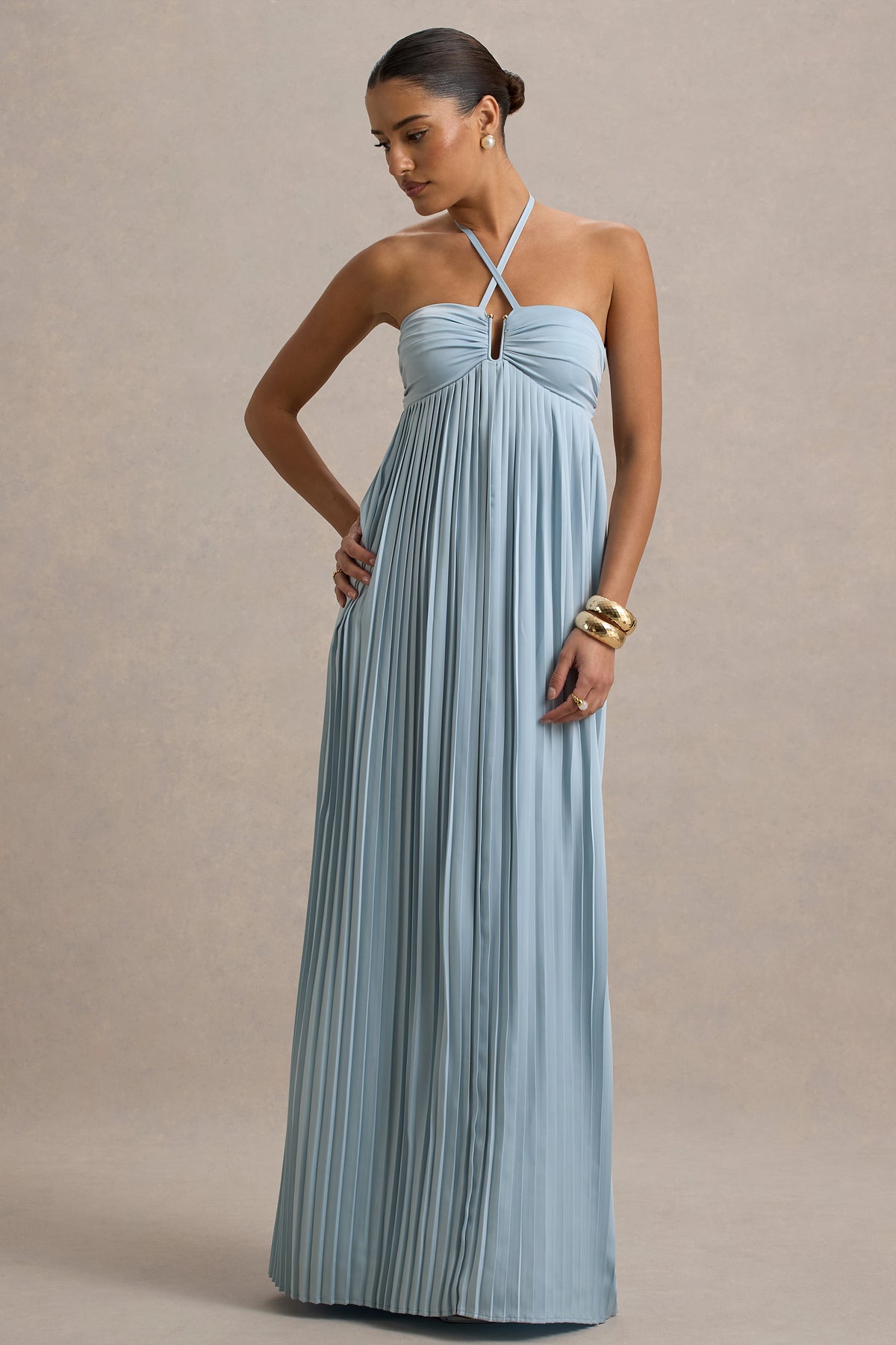 Elayne Powder Blue Halter-Neck Maxi Dress With Cut-Out Detail Club L London - SA Elayne Powder Blue Halter-Neck Maxi Dress With Cut-Out Detail Club L London - SA