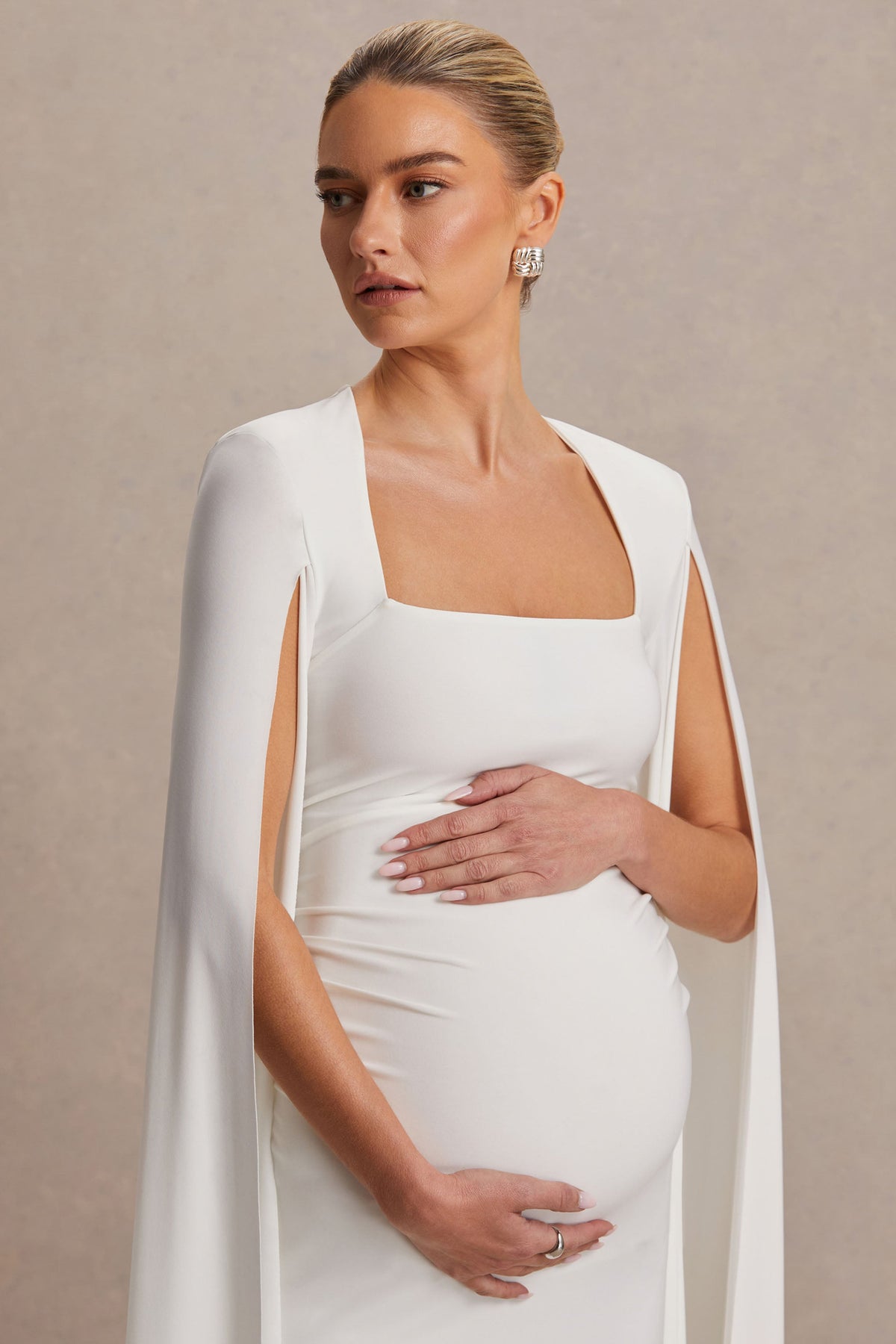 white square neck midi dress with cape sleeves Flawless White Square-Neck Maternity Midi Dress With Cape-Sleeves Club L London
