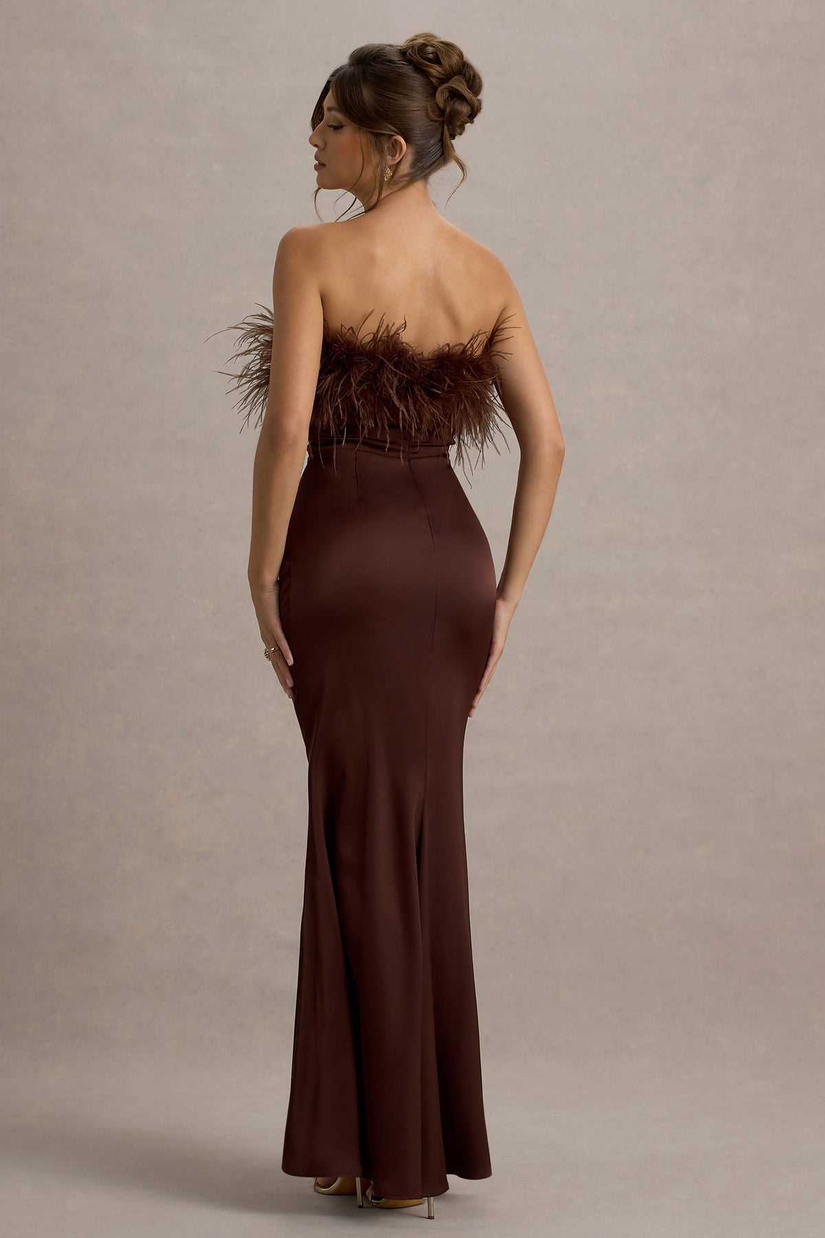 feather evening dress uk Ladivine CC2358 Long Feather Embellished Fitted Evening Gown Black/Nude / 6