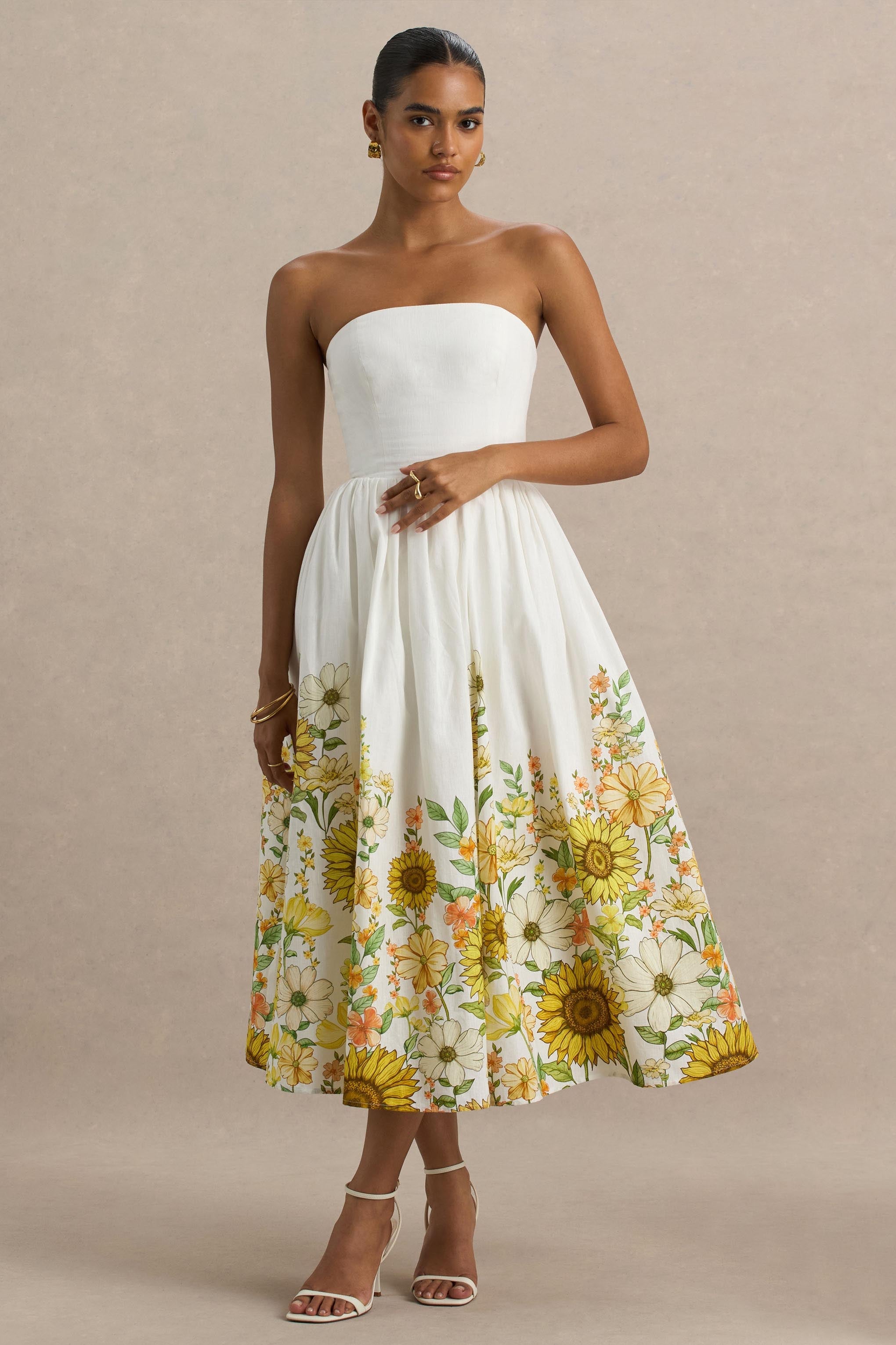 Ivory | Sunflower Print Bandeau High-Low Midi Dress – Club L