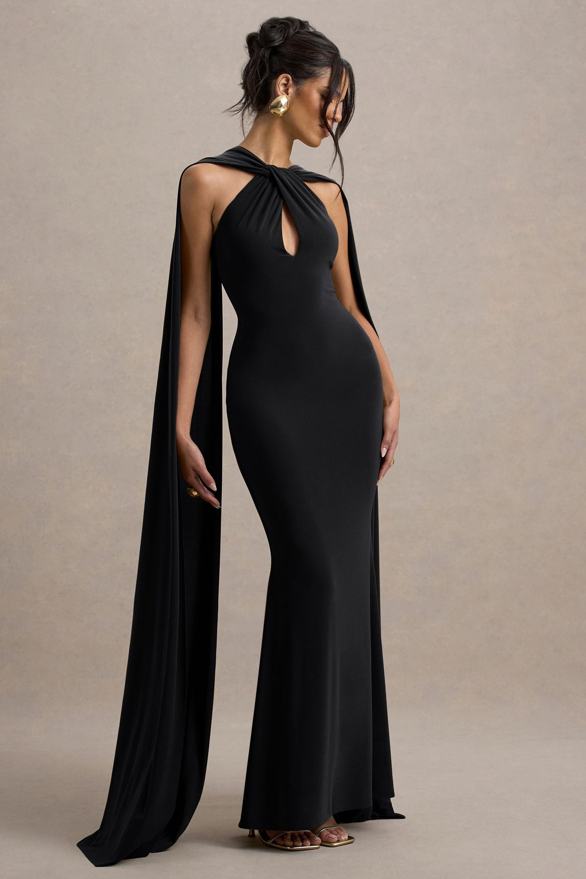 Rhoda Black Twist Halter-Neck Cape Maxi Dress โ Club L London