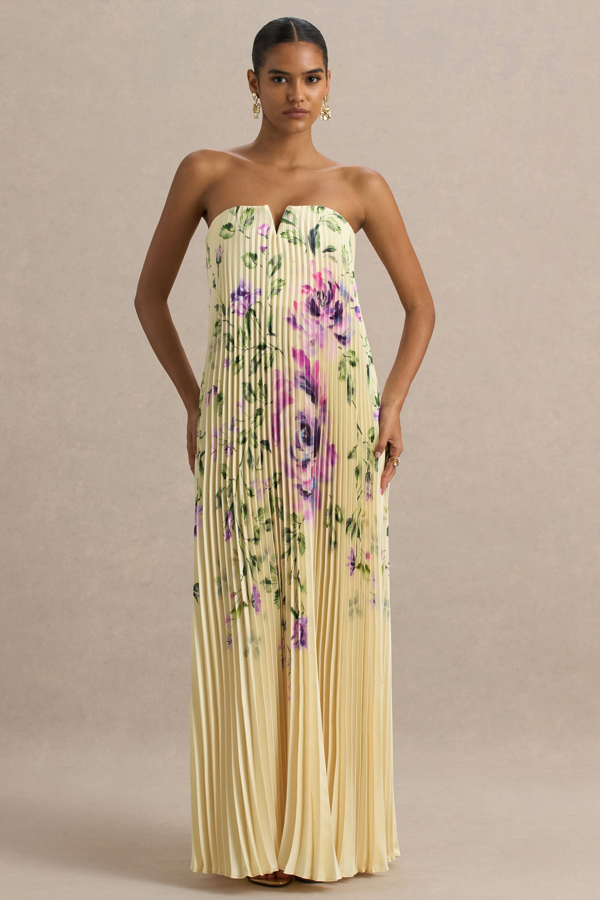 Bergamot | Lemon Rose Print Satin Sweetheart Maxi Dress – Club L