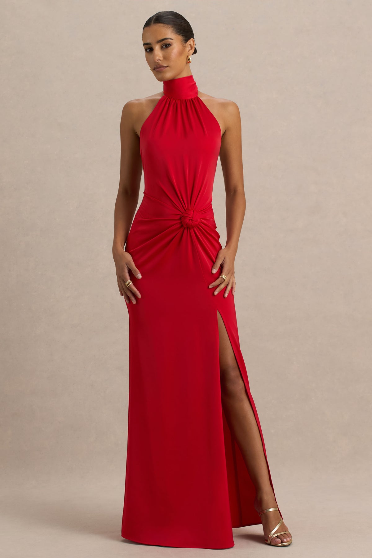 Lenora Red High Neck Maxi Dress with Ruched Detailing and Split Club L London - SA Lenora Red High Neck Maxi Dress with Ruched Detailing and Split Club L London - SA