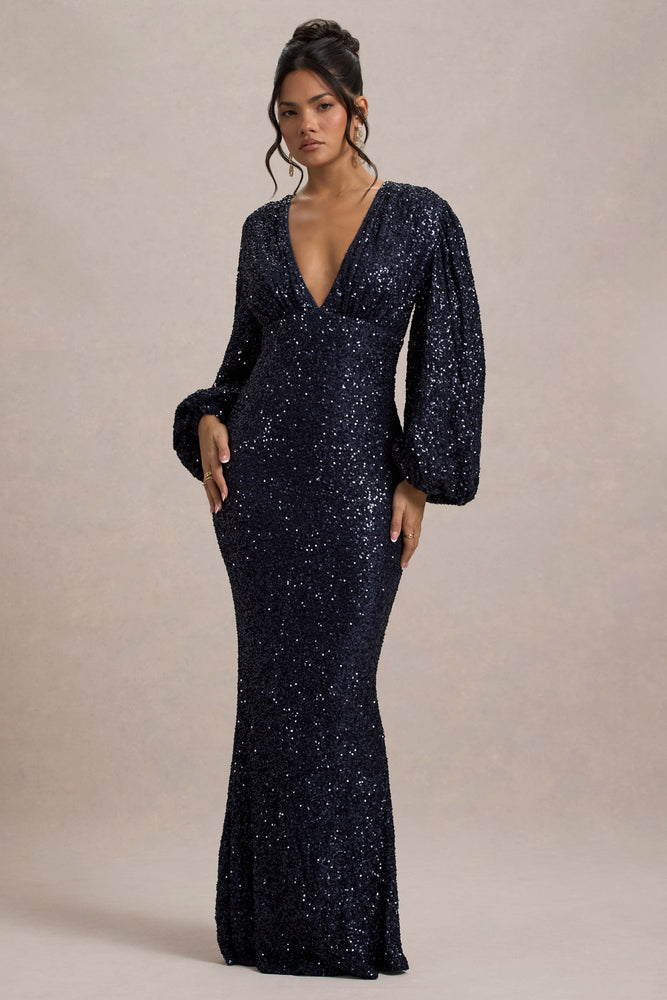 dramatic entrance navy blue sequin maxi dress Kaelin Navy Sequin Plunge-Neck Maxi Dress – Club L London