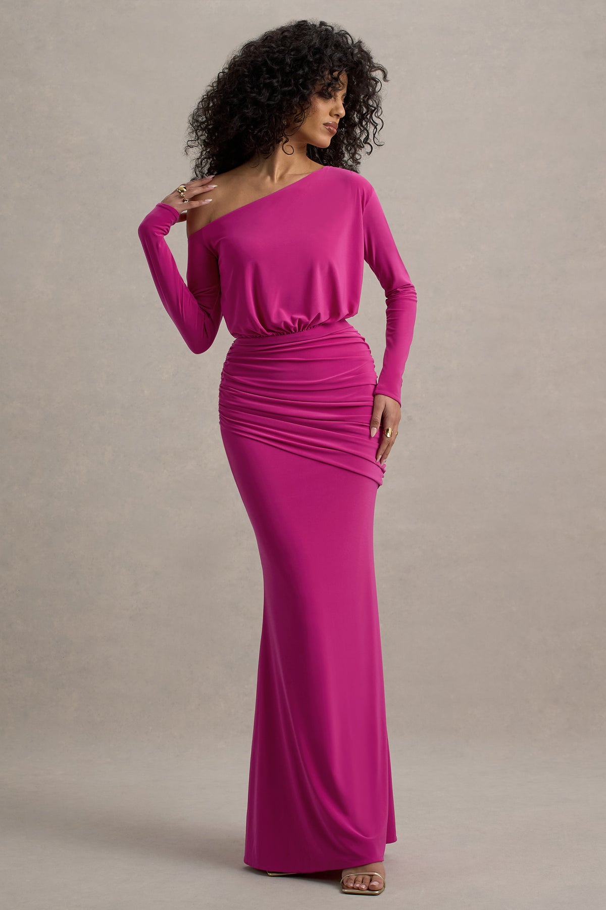 Deanna Hot Pink Asymmetric Long-Sleeve Ruched Maxi Dress Club L London - SA Deanna Hot Pink Asymmetric Long-Sleeve Ruched Maxi Dress Club L London - SA