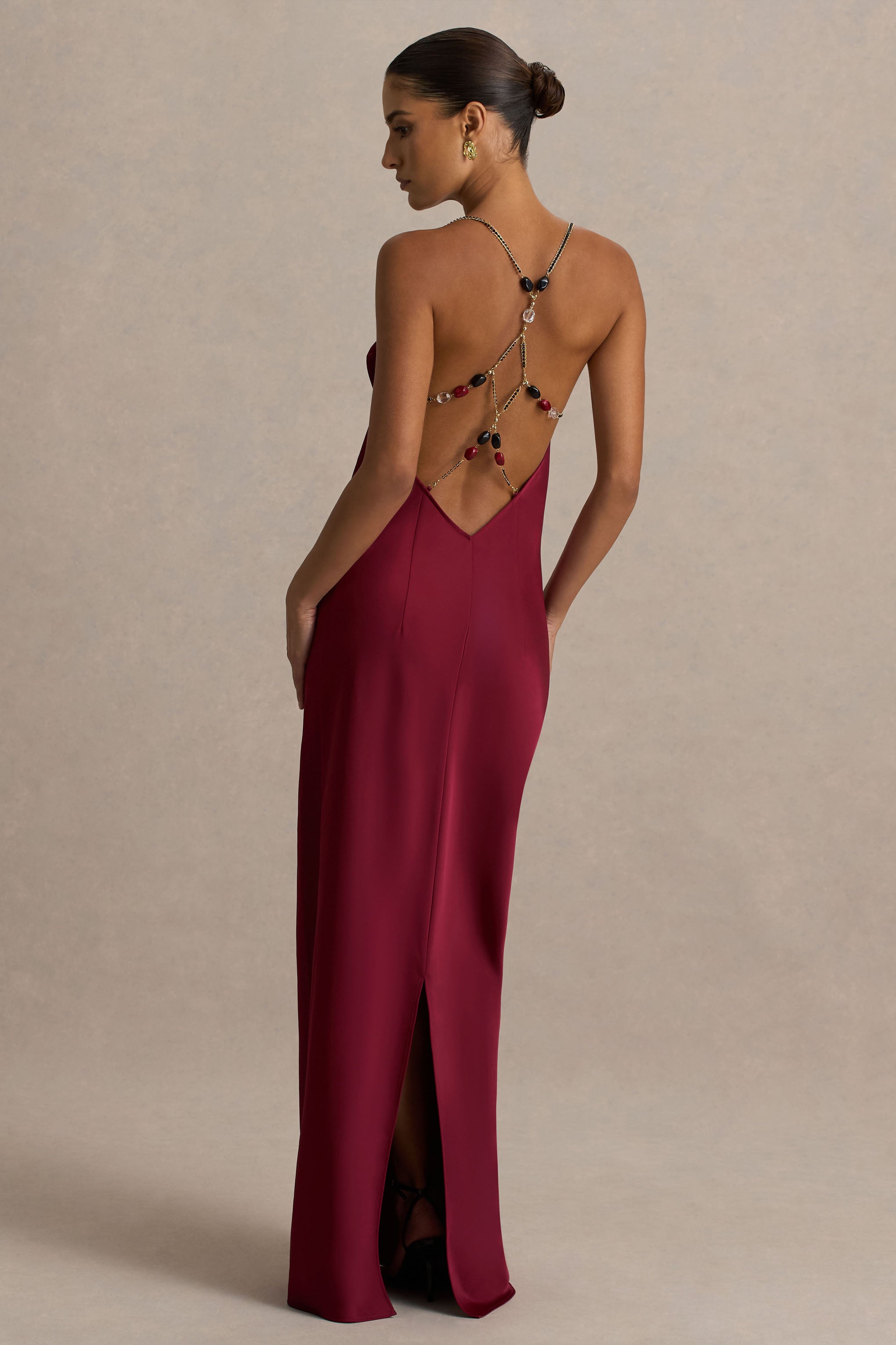 Cher | Burgundy Satin Square-Neck Maxi Dress With Embellished