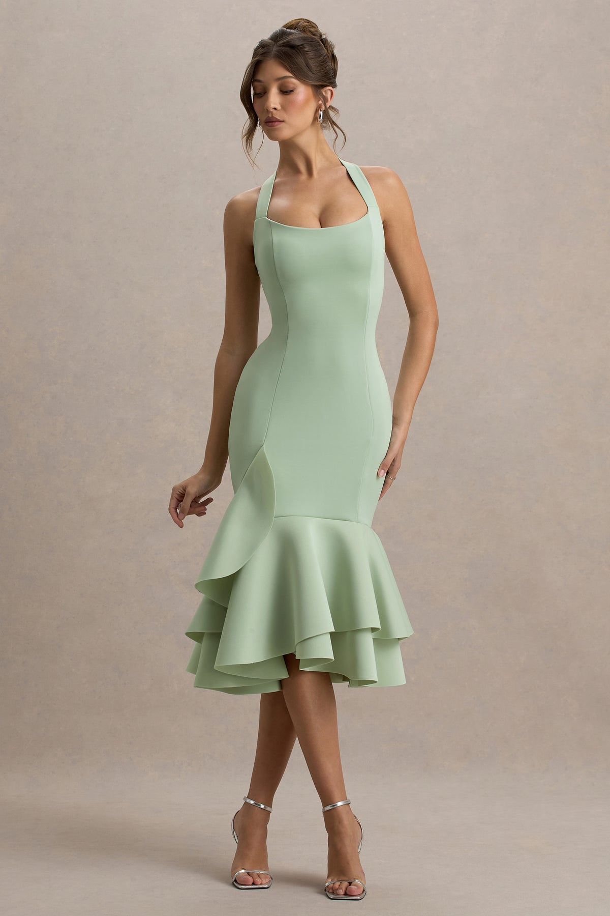 Arla Light Green Halter Neck Ruffle Trim Midi Dress Club L London - SA Arla Light Green Halter Neck Ruffle Trim Midi Dress Club L London - SA