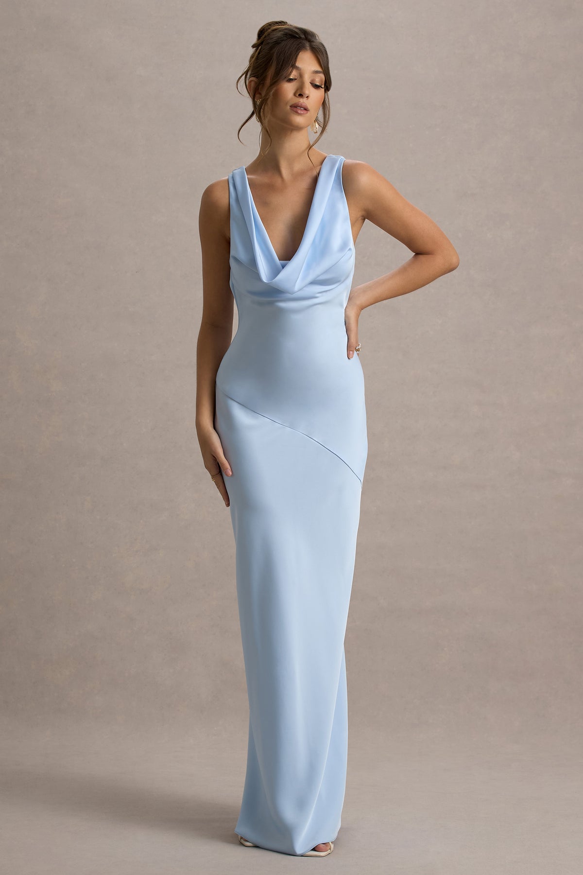 Alesso Powder Blue Satin Cowl-Neck Maxi Dress – Club L London SA