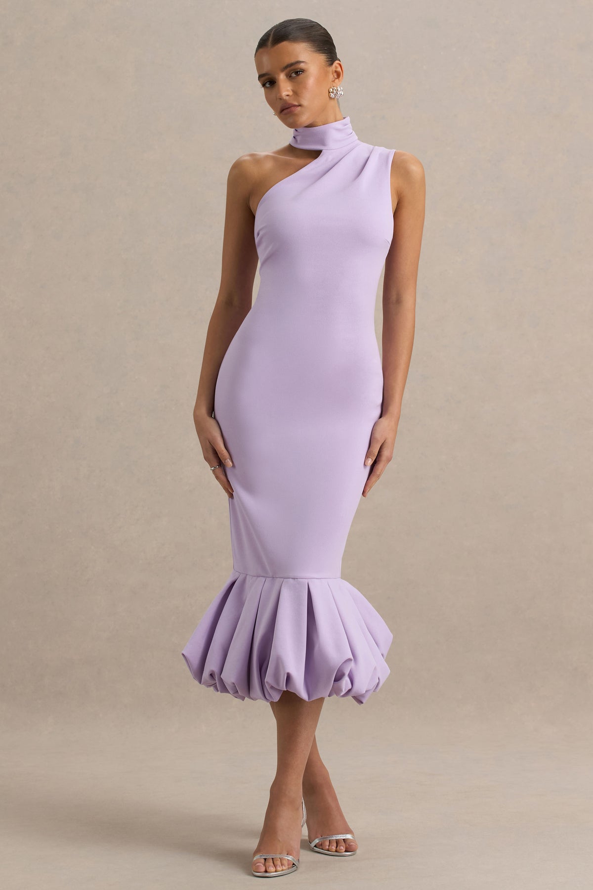 Sabine Lilac One-Shoulder Ruffle-Trim Midi Dress Club L London - SA Sabine Lilac One-Shoulder Ruffle-Trim Midi Dress Club L London - SA