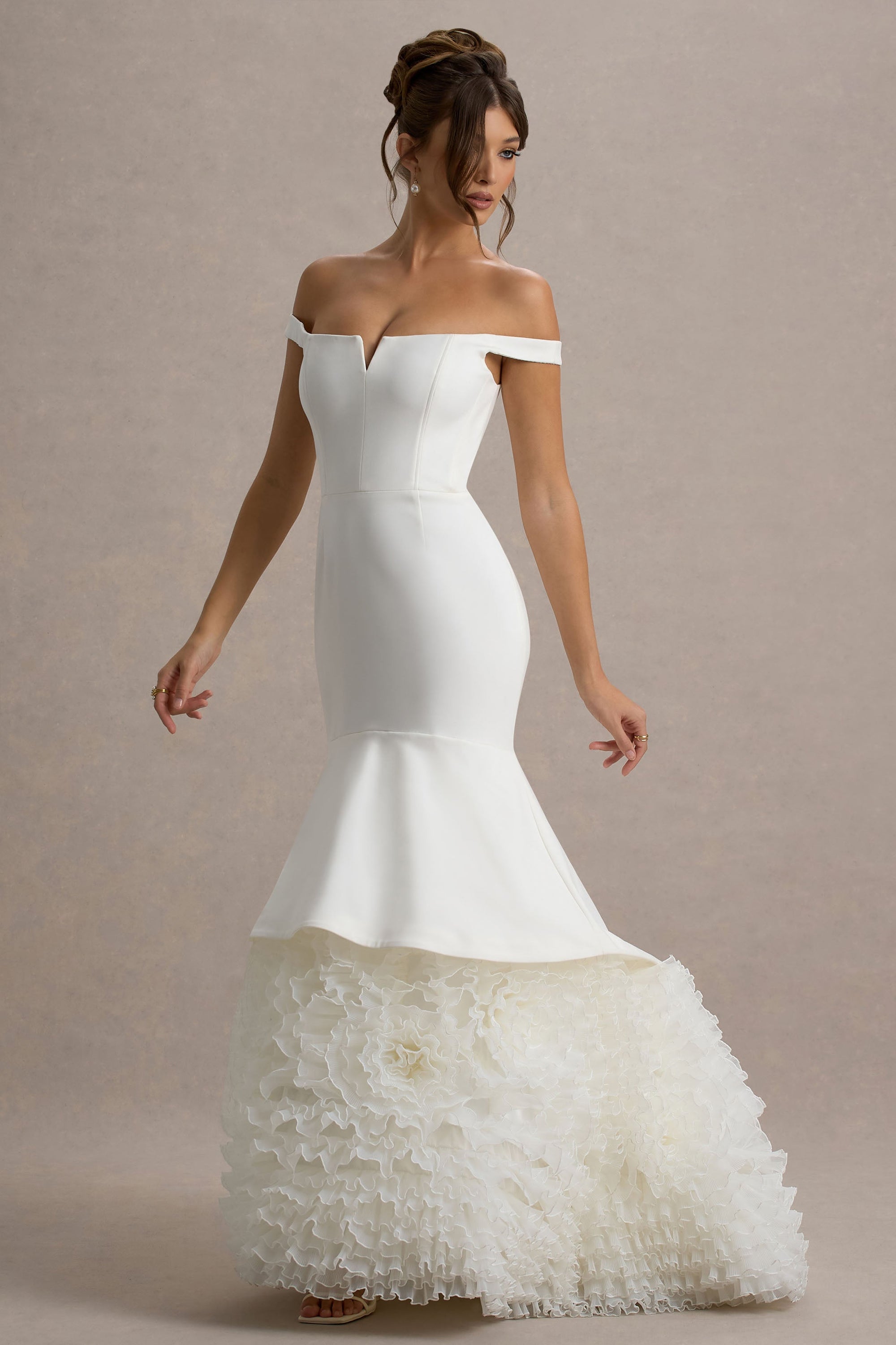The Greatest | White & Cream Bardot Maxi Dress With Tulle Skirt – Club L London