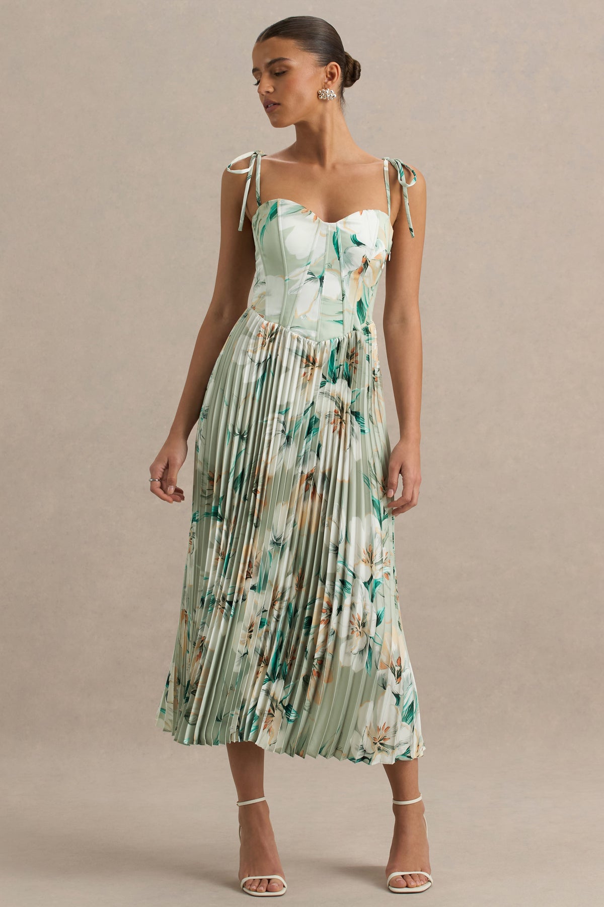 Peyton Green Floral Print Satin Sweetheart-Neck Midi Dress With Plea Club L London - SA Peyton Green Floral Print Satin Sweetheart-Neck Midi Dress With Plea Club L London - SA