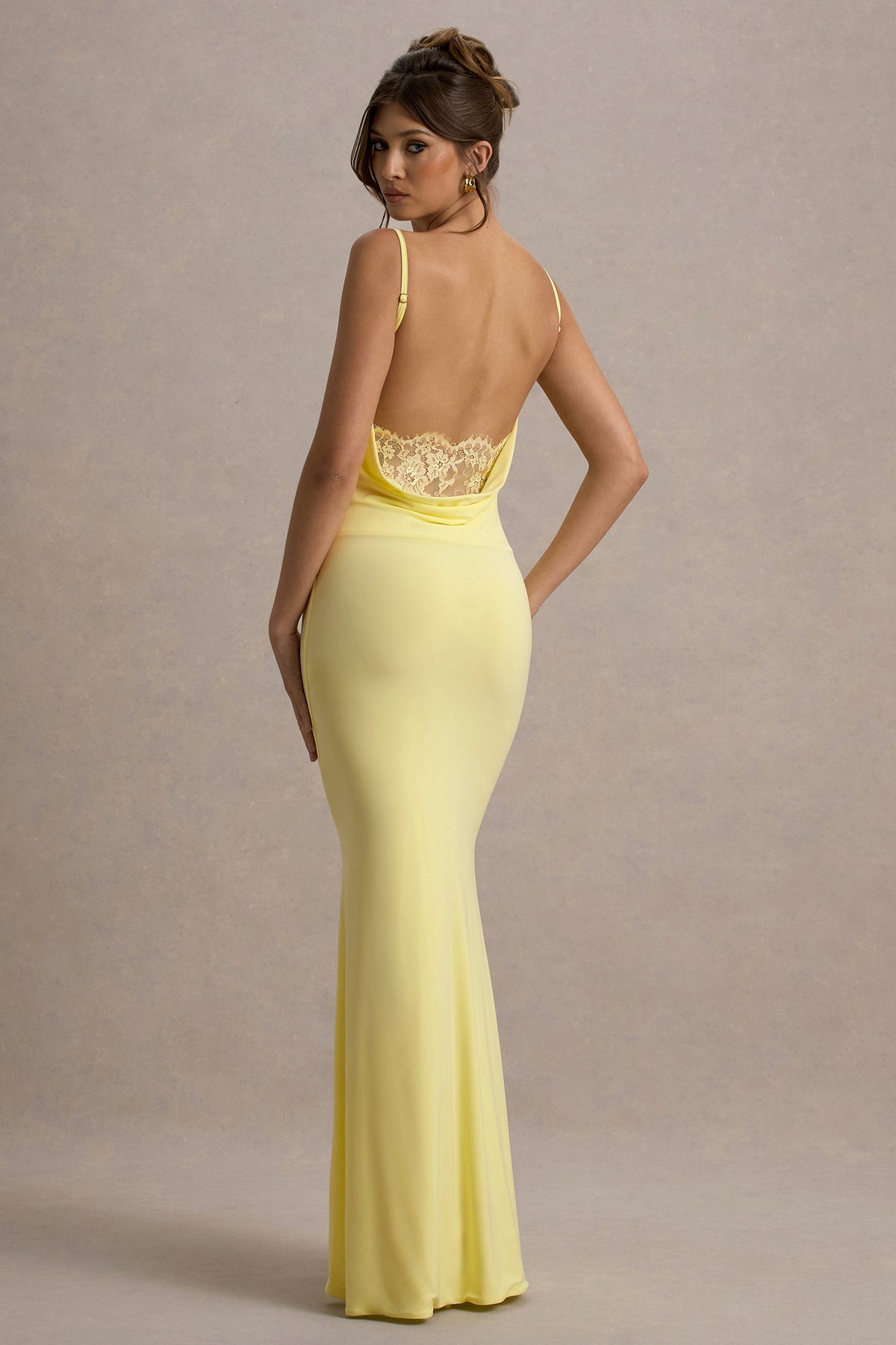 Francoise Lemon Cowl Neck Backless Maxi Dress With Lace Insert Club L London - SA Francoise Lemon Cowl Neck Backless Maxi Dress With Lace Insert Club L London - SA