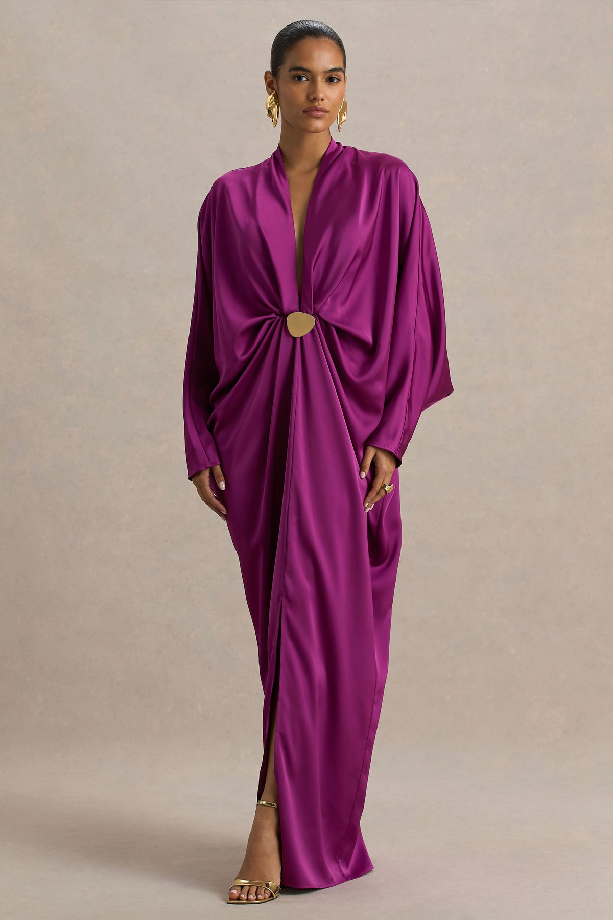 Tina Pink Satin Plunge-Neck Embellished Maxi Dress – Club L London Tina Pink Satin Plunge-Neck Embellished Maxi Dress – Club L London