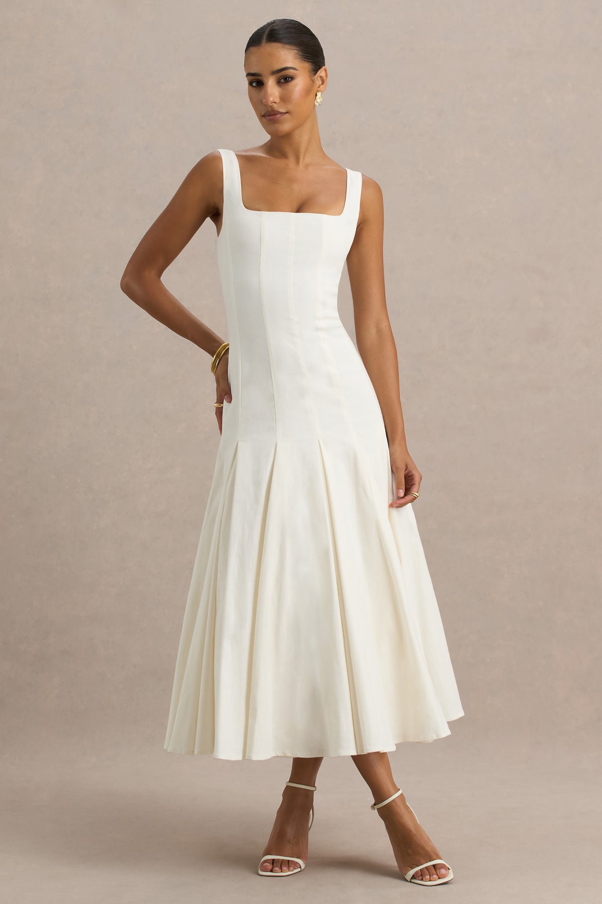 white scoop neck midi dress Quince Women's European Linen Scoop Neck Midi Dress, Breathable & Lightweight, White, Size Medium