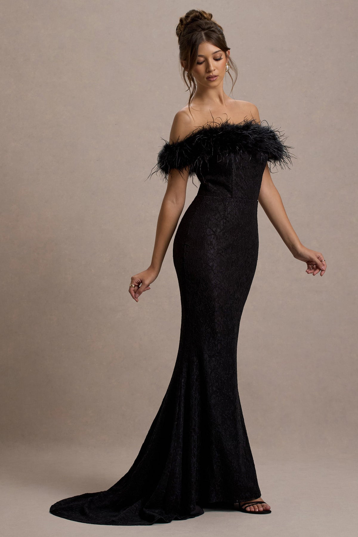 Idyll Black Lace Bardot Feather Fishtail Maxi Dress Club L London - SA Idyll Black Lace Bardot Feather Fishtail Maxi Dress Club L London - SA