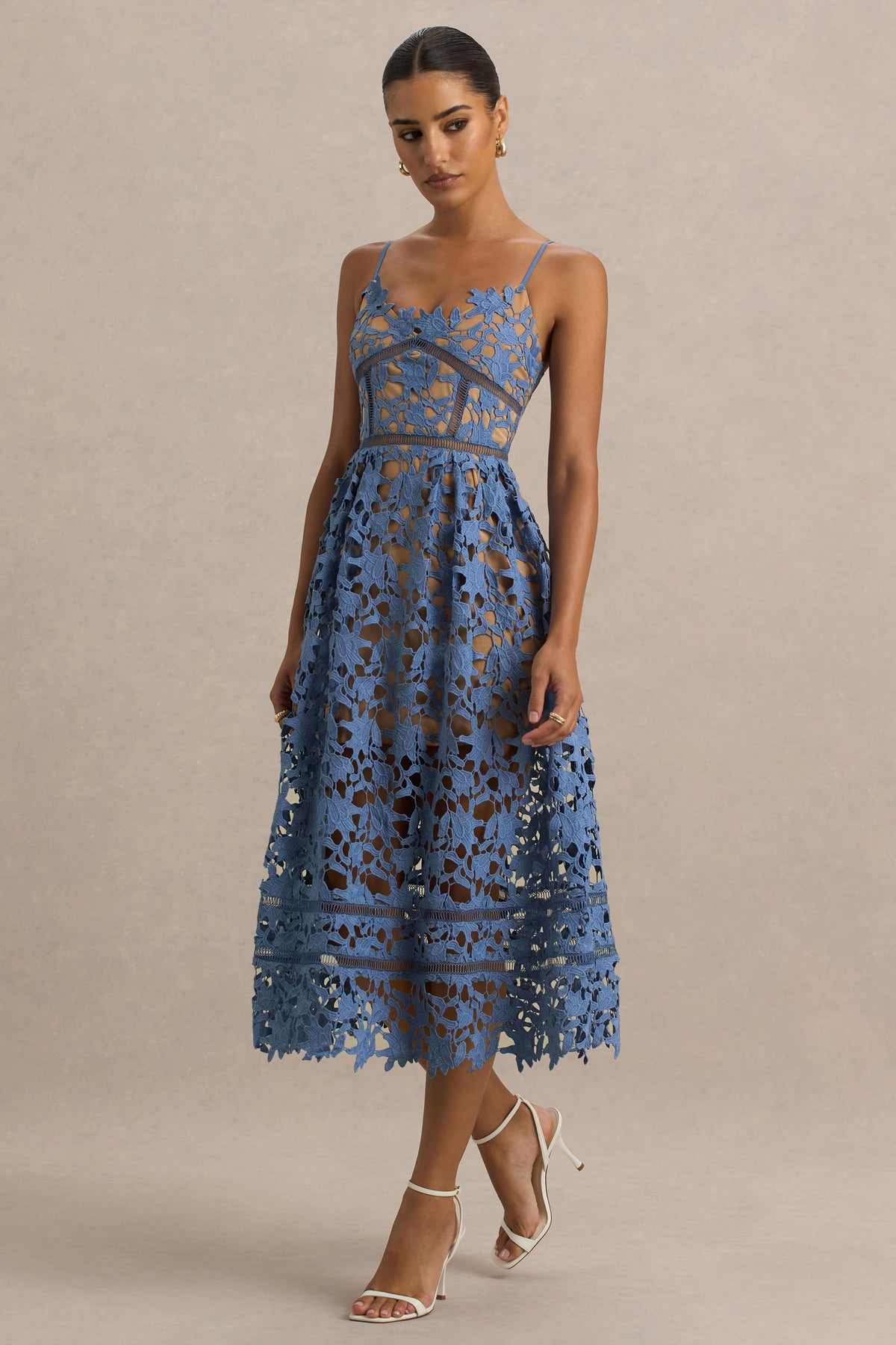 Zuri Blue Lace Sweetheart Midi Dress With Cami Straps – Club L London